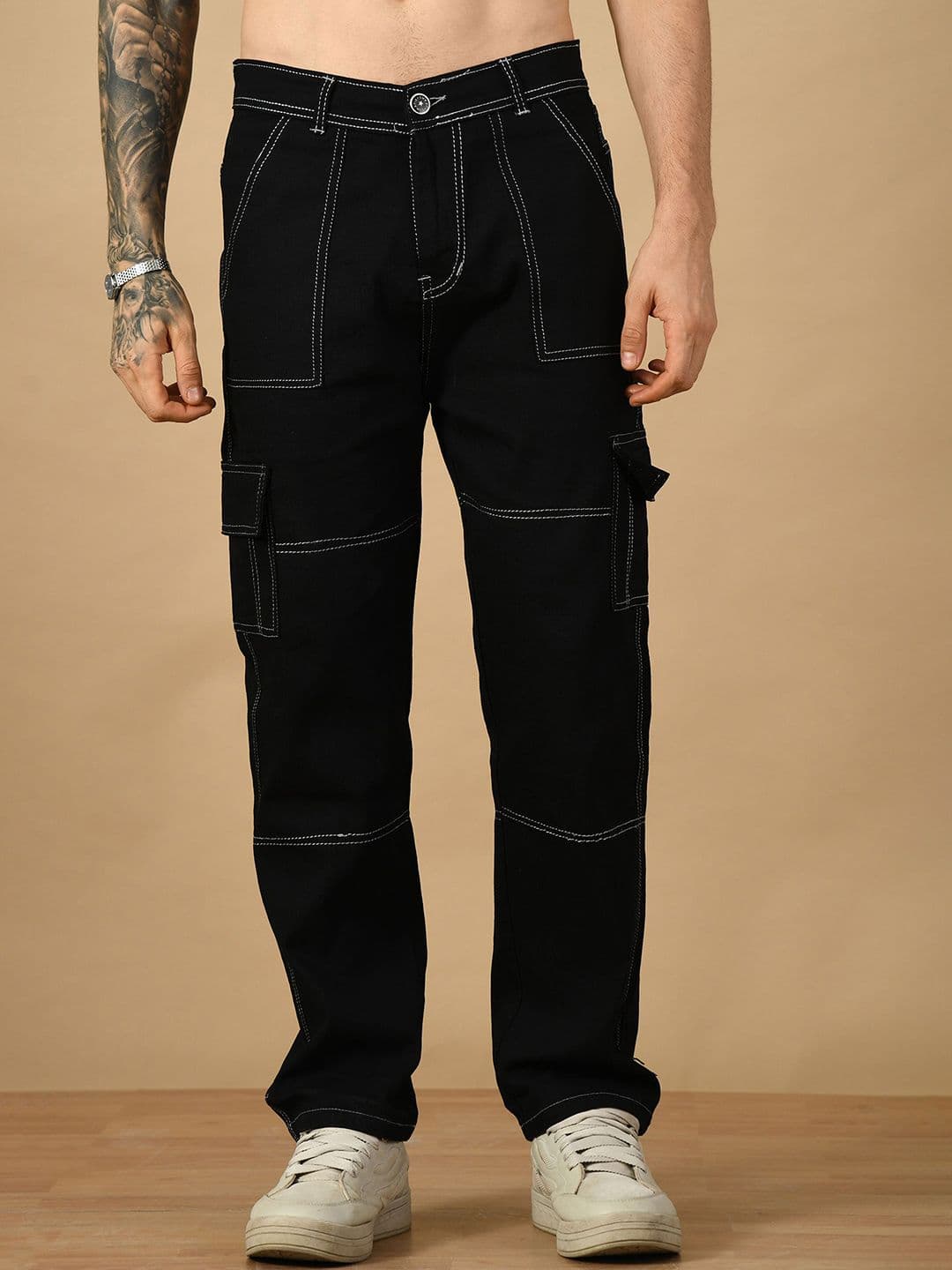 MaverIQ Men Classic Relaxed Fit Mid-Rise Cargo Styles Stretchable Jeans - view 1