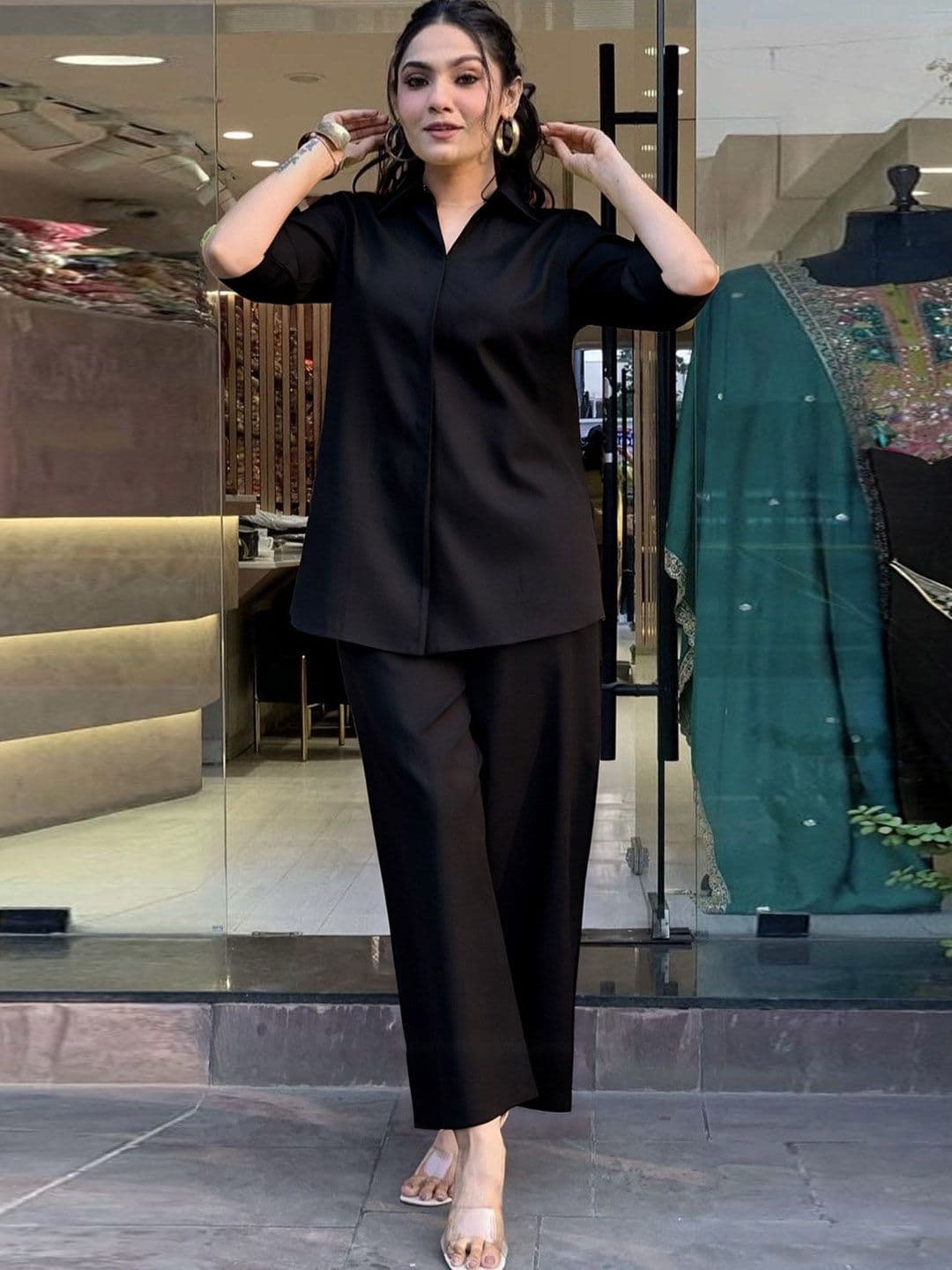 ALLEN WEAVE Women Shirt Collar Top With Trousers Co-Ord - view 1