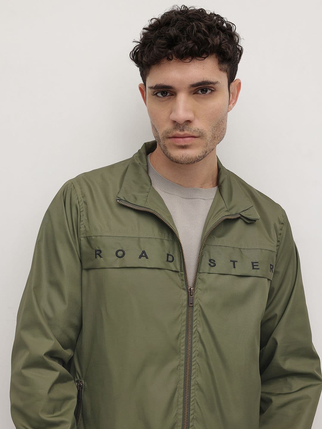 The Roadster Life Co. Typography Printed Mock Collar Bomber Jacket with Embroidered Detail - view 1