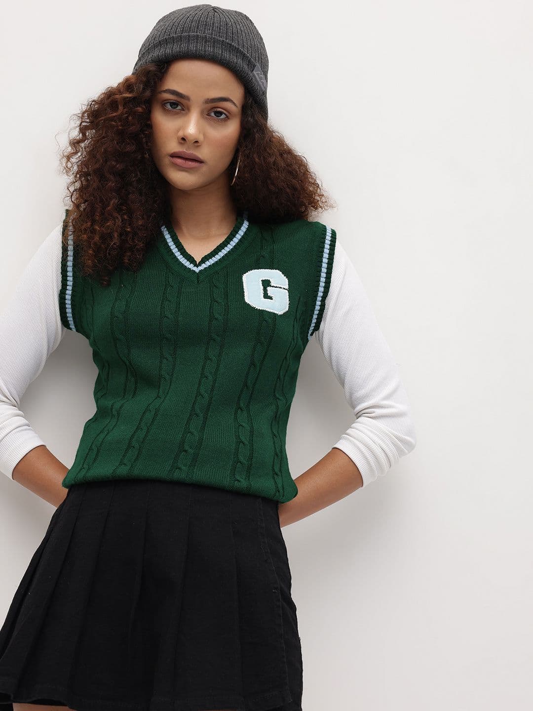 The Roadster Lifestyle Co. Cable Knit Varsity Sweater Vest with Applique Detail - view 1