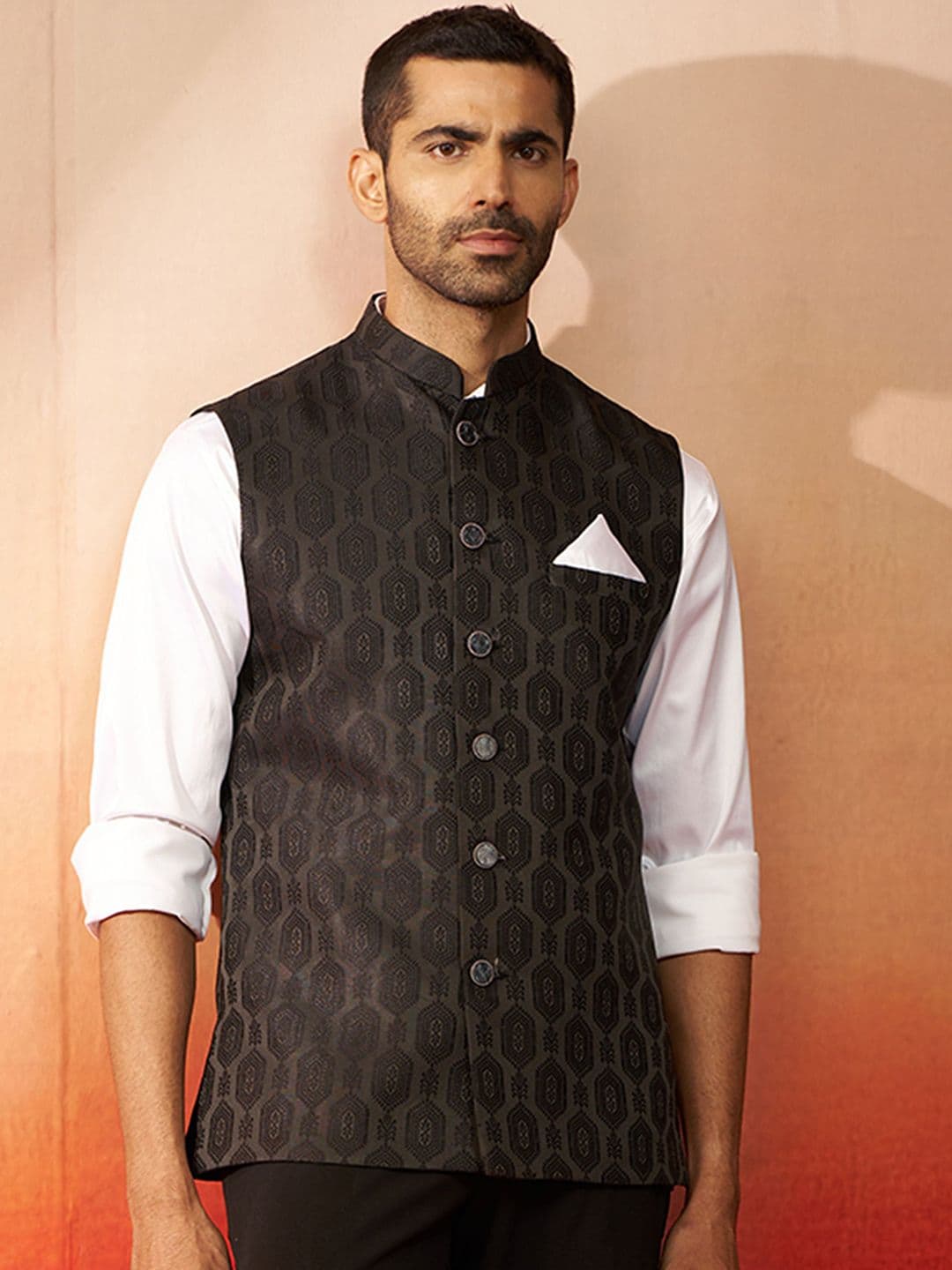VASTRAMAY Woven Design Mandarin Collar Nehru Jacket - view 1