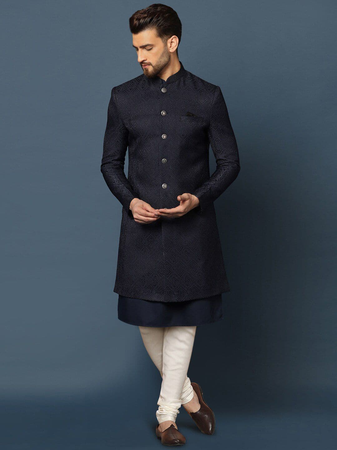 KISAH Men Self Design Cotton Indowestern Sherwani Churidar Set - view 1
