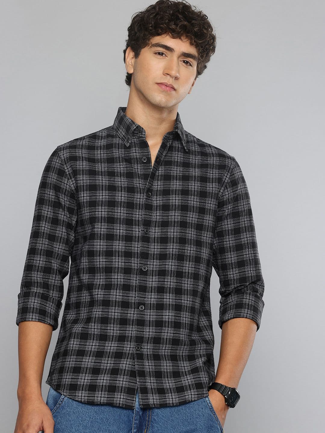 Flying Machine Slim Fit Checked Button-Down Collar Pure Cotton Casual Shirt - view 1