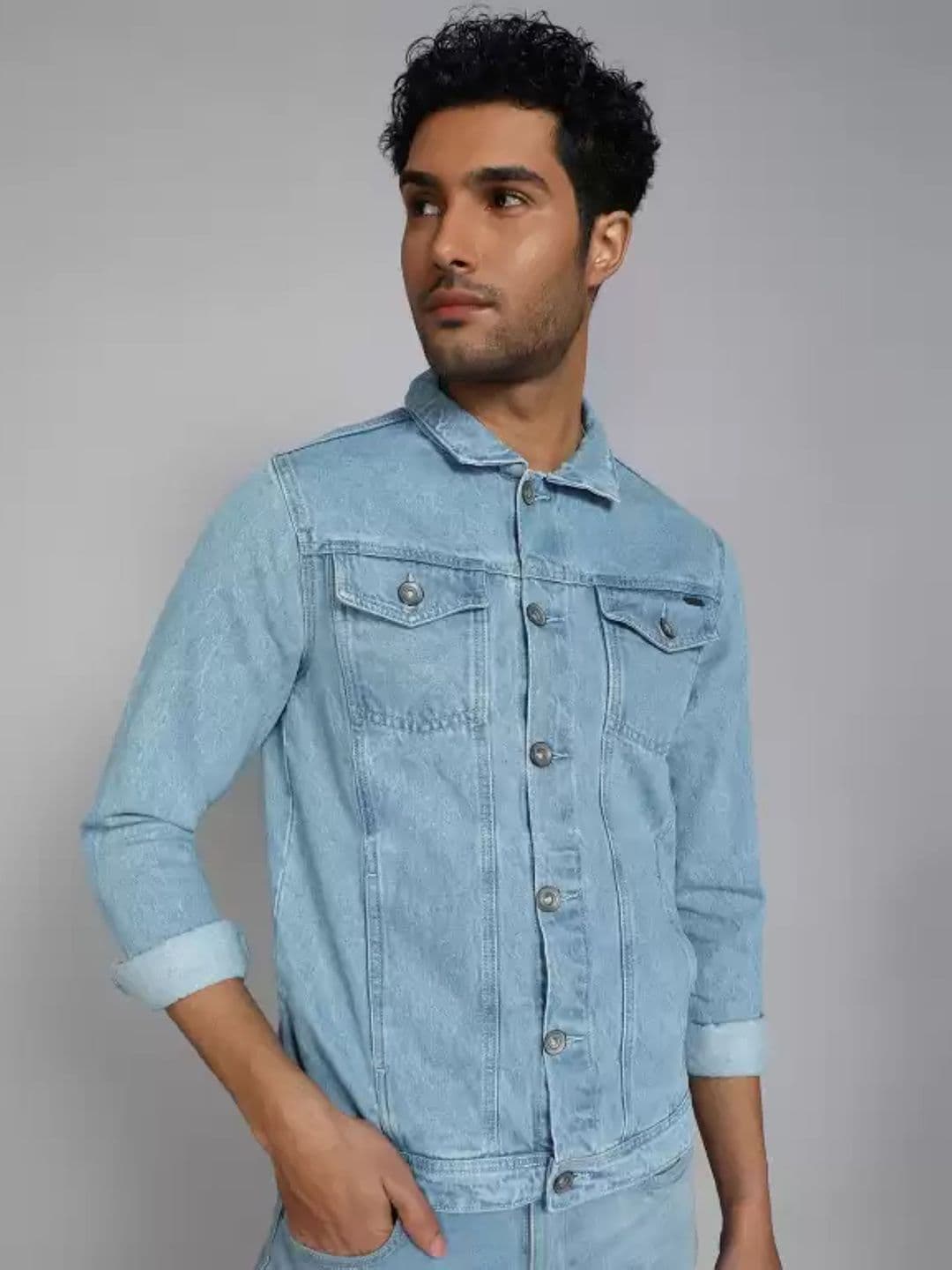 LINARIA Men Spread Collar Solid Denim Jacket - view 1