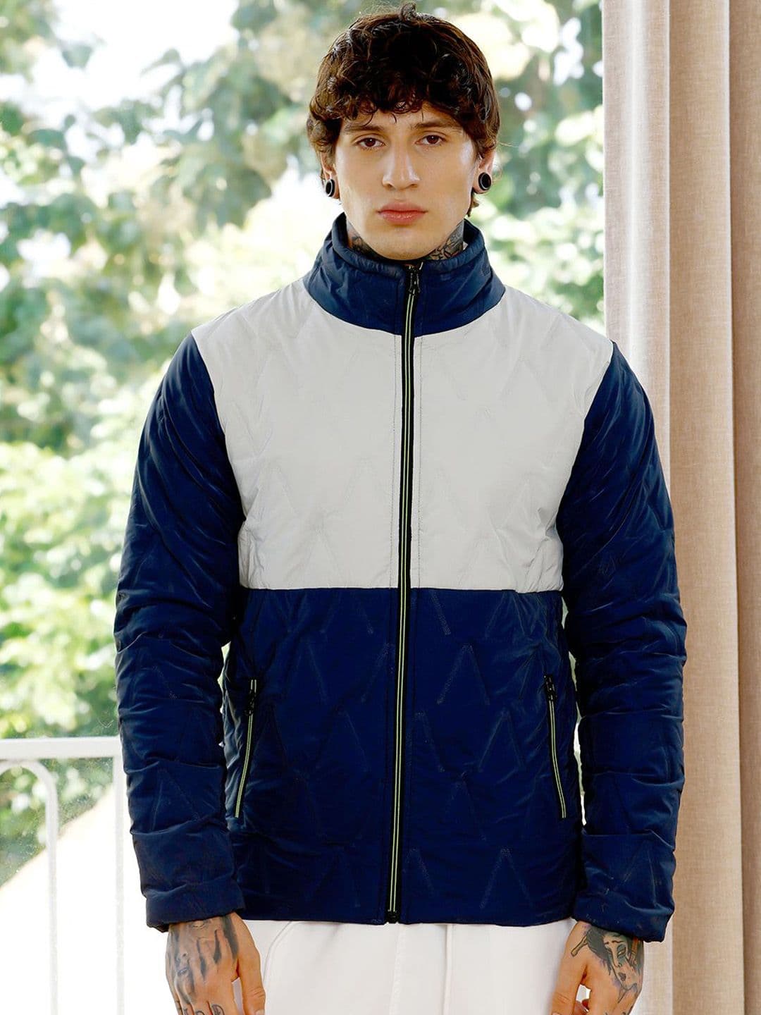 CAHOOT Men Stand Collar Colourblocked Self Design Lightweight Puffer Jacket - view 1