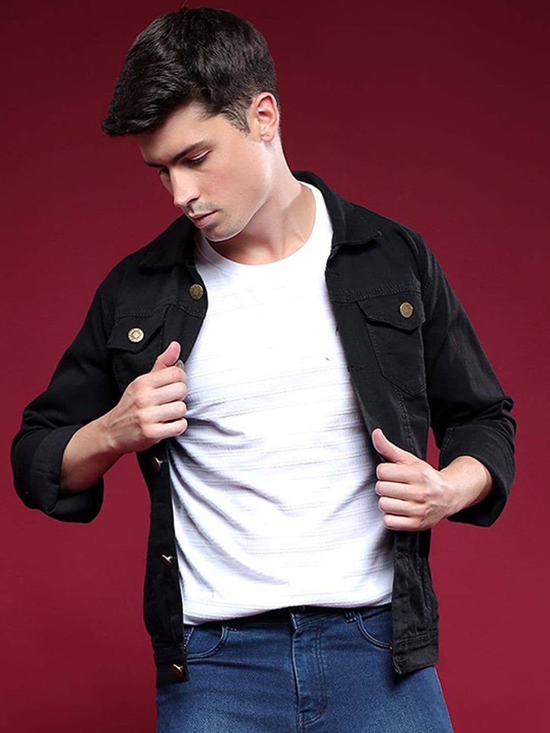 LINARIA Men Spread Collar Solid Denim Jacket - view 1