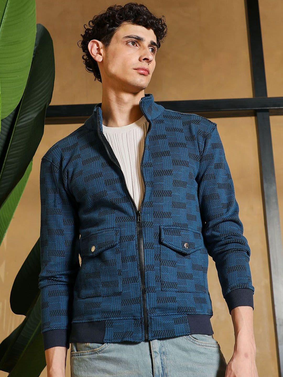 CAHOOT Men Stand Collar Geometric Printed Lightweight Cotton Bomber Jacket - view 1