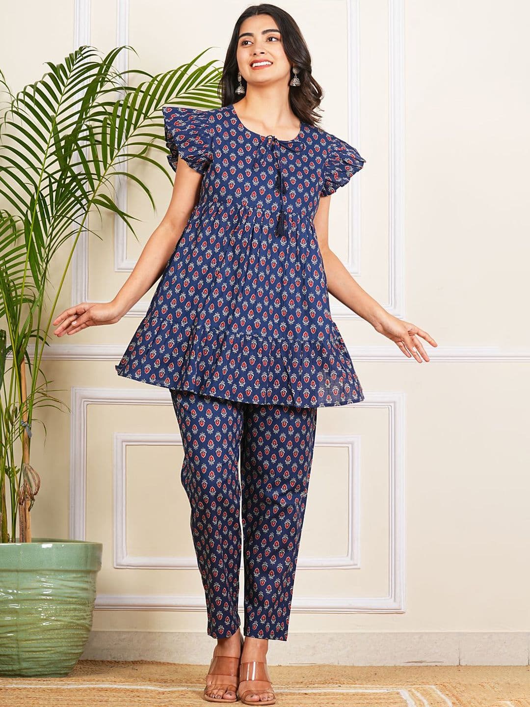 Krati Creations Printed Round Neck Pure Cotton Tunic With Trousers - view 1