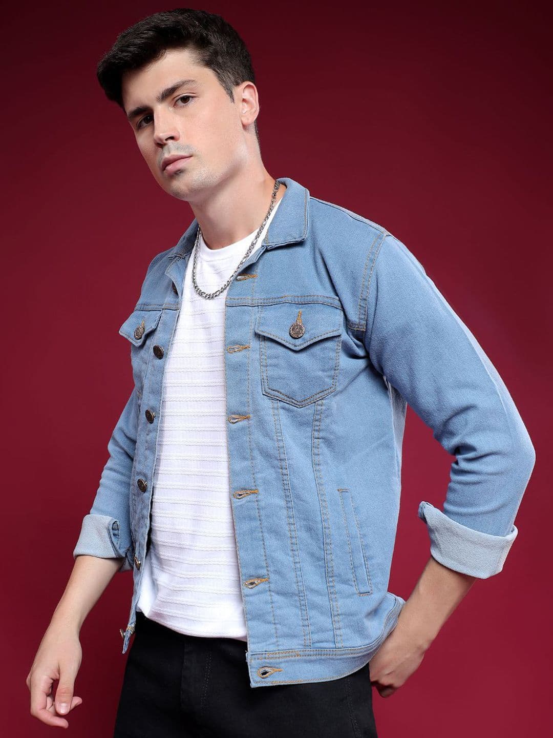 LINARIA Men Spread Collar Solid Denim Jacket - view 1