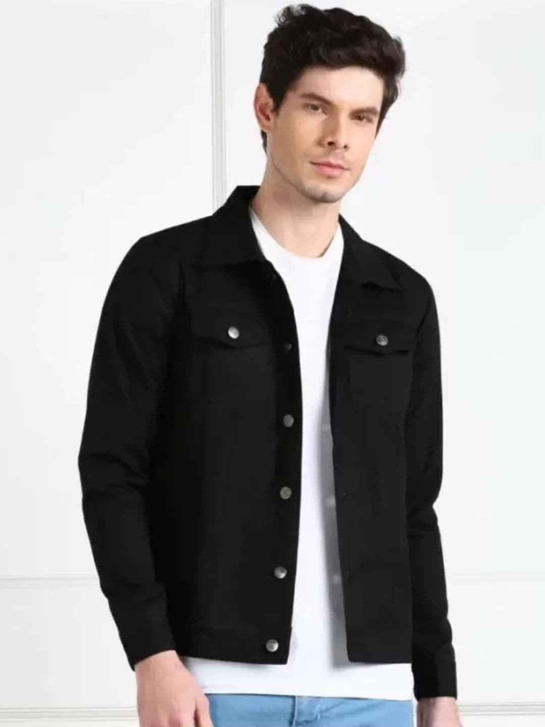 LINARIA Men Spread Collar Solid Cotton Denim Jacket - view 1
