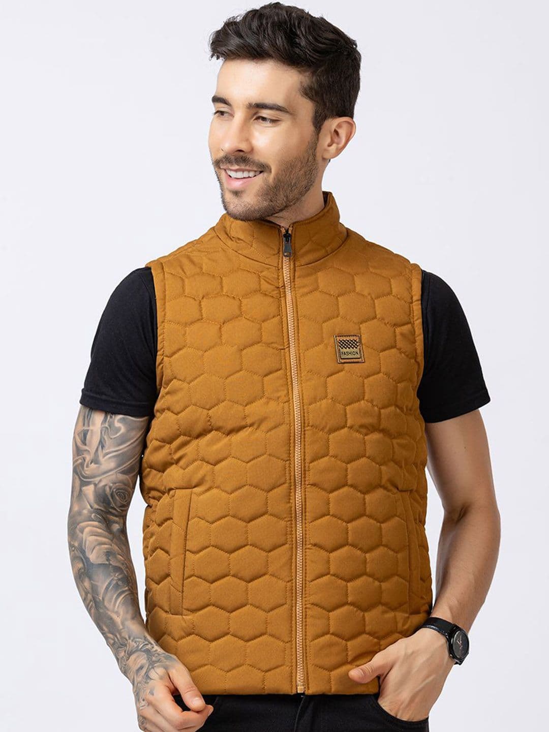 STYLOPLEX Men Mustard Geometric Casual Gilet Jacket - view 1