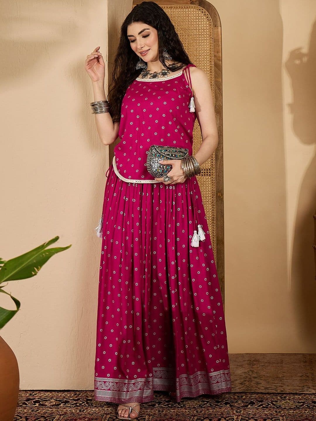 Sangria Women Pink Ethnic Printed Round Neck Rayon Vest Top & Skirt With Dori & Tassels - view 1