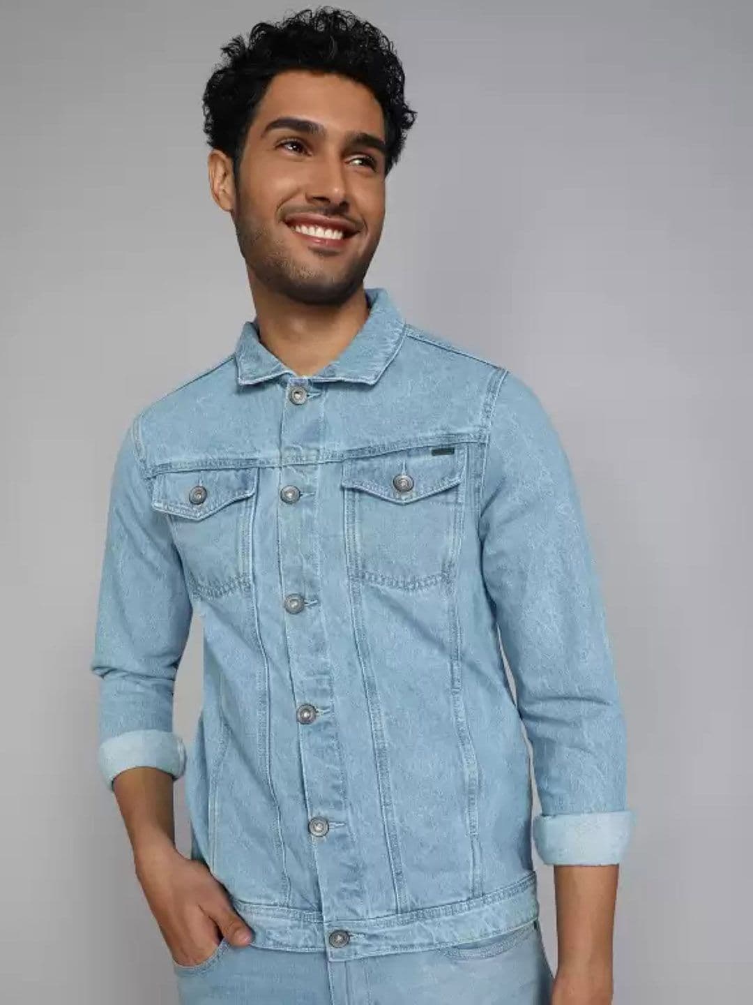 LINARIA Men Spread Collar Solid Denim Jacket - view 1