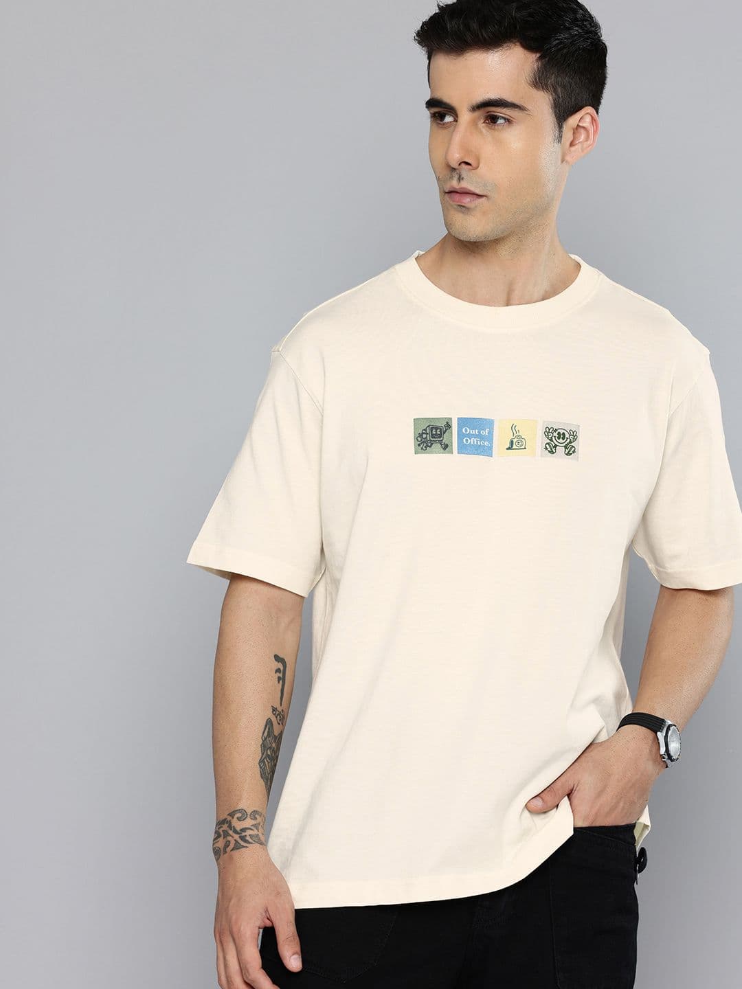 Flying Machine Graphic Printed Drop-Shoulder Sleeves Pure Cotton T-shirt - view 1