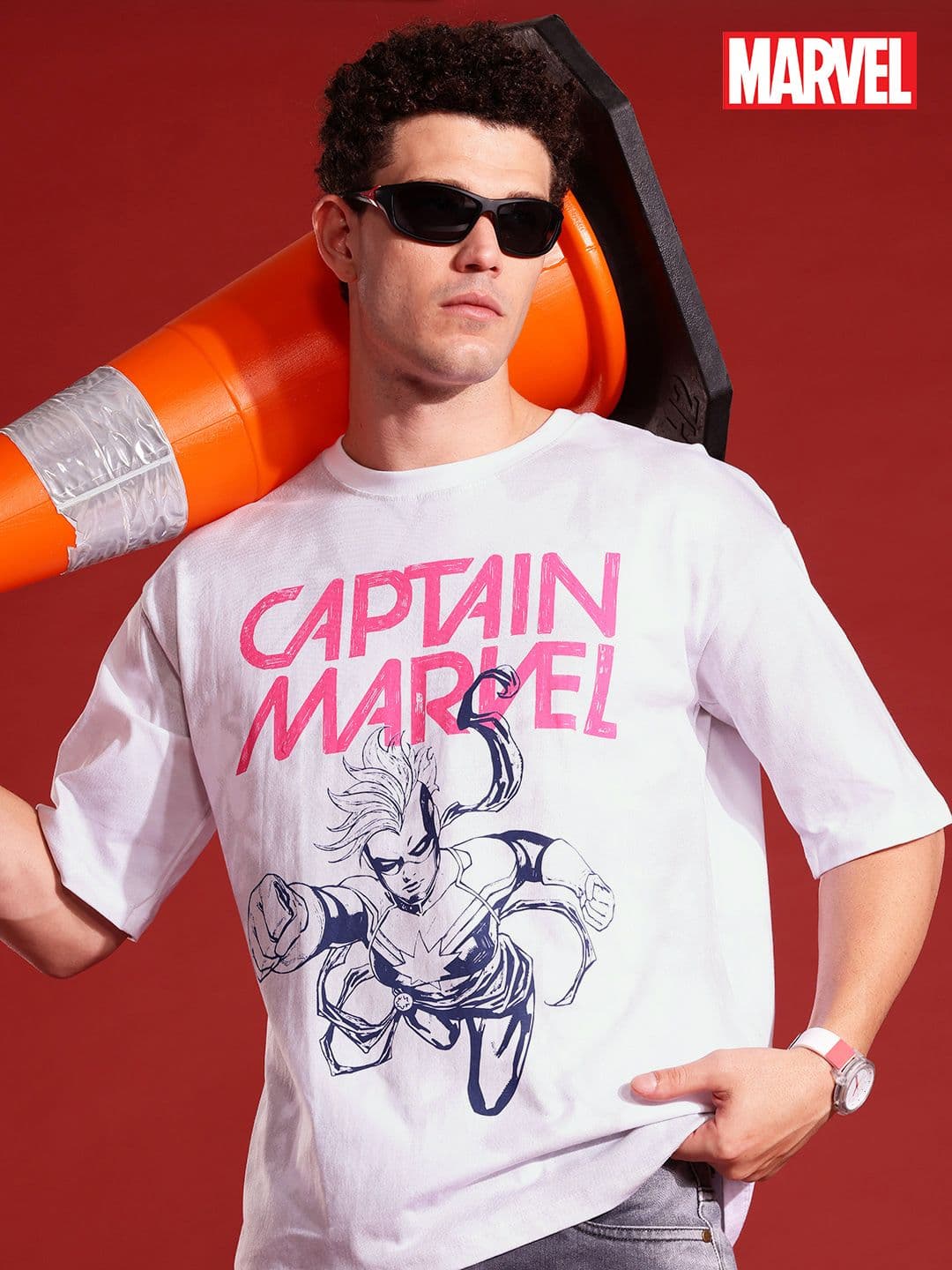 MARVEL STREET Captain Marvel Printed V-Neck Relaxed Fit Pure Cotton T-shirt - view 1