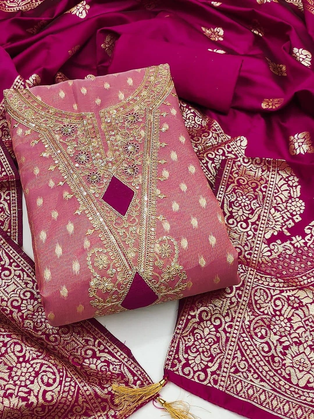 KALINI Pink Simmer Silk Jacquard With Embroidery Work Unstitched Dress Material - view 1