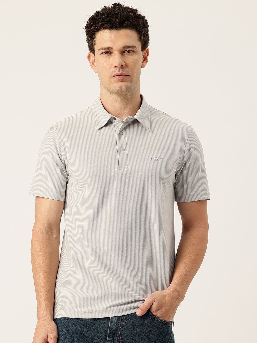 Okane Vertically Striped Polo Collar T-shirt - view 1