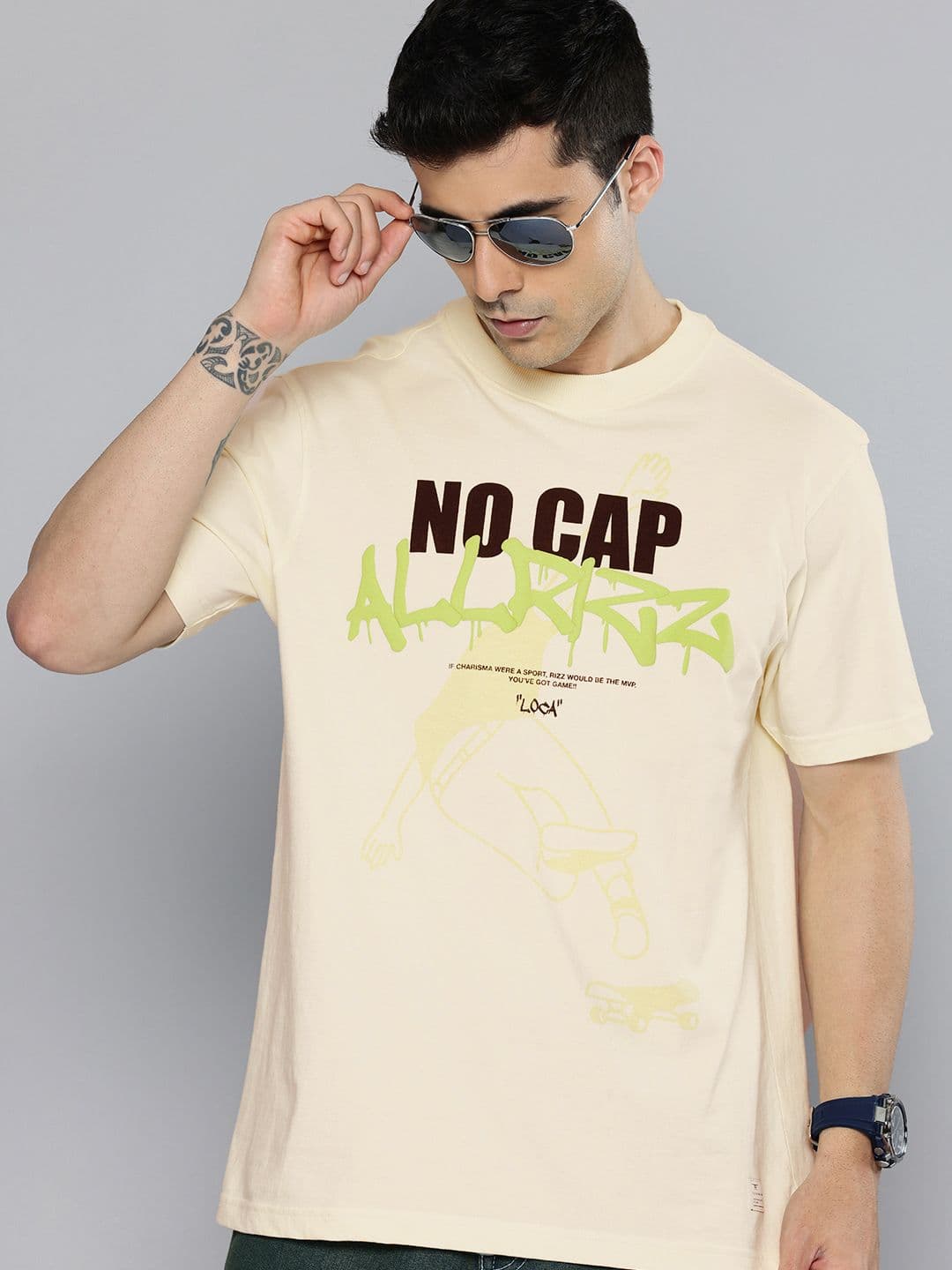 Flying Machine Typography Printed Drop-Shoulder Sleeves Pure Cotton T-shirt - view 1