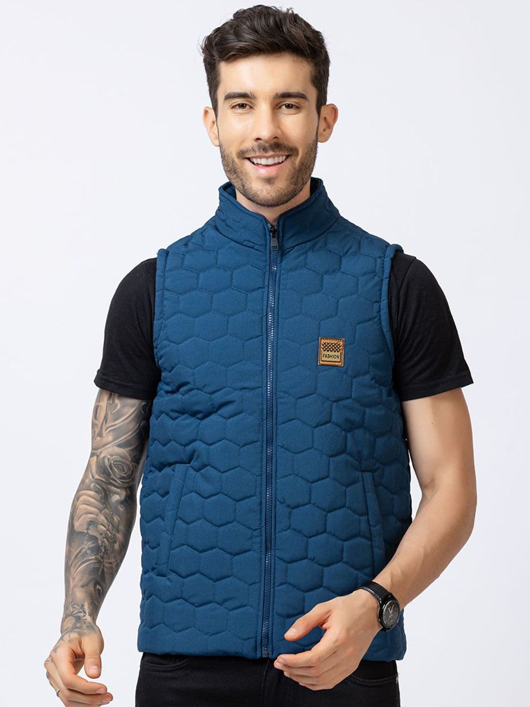 STYLOPLEX Men Stand Collar Geometric Gilet Jacket - view 1