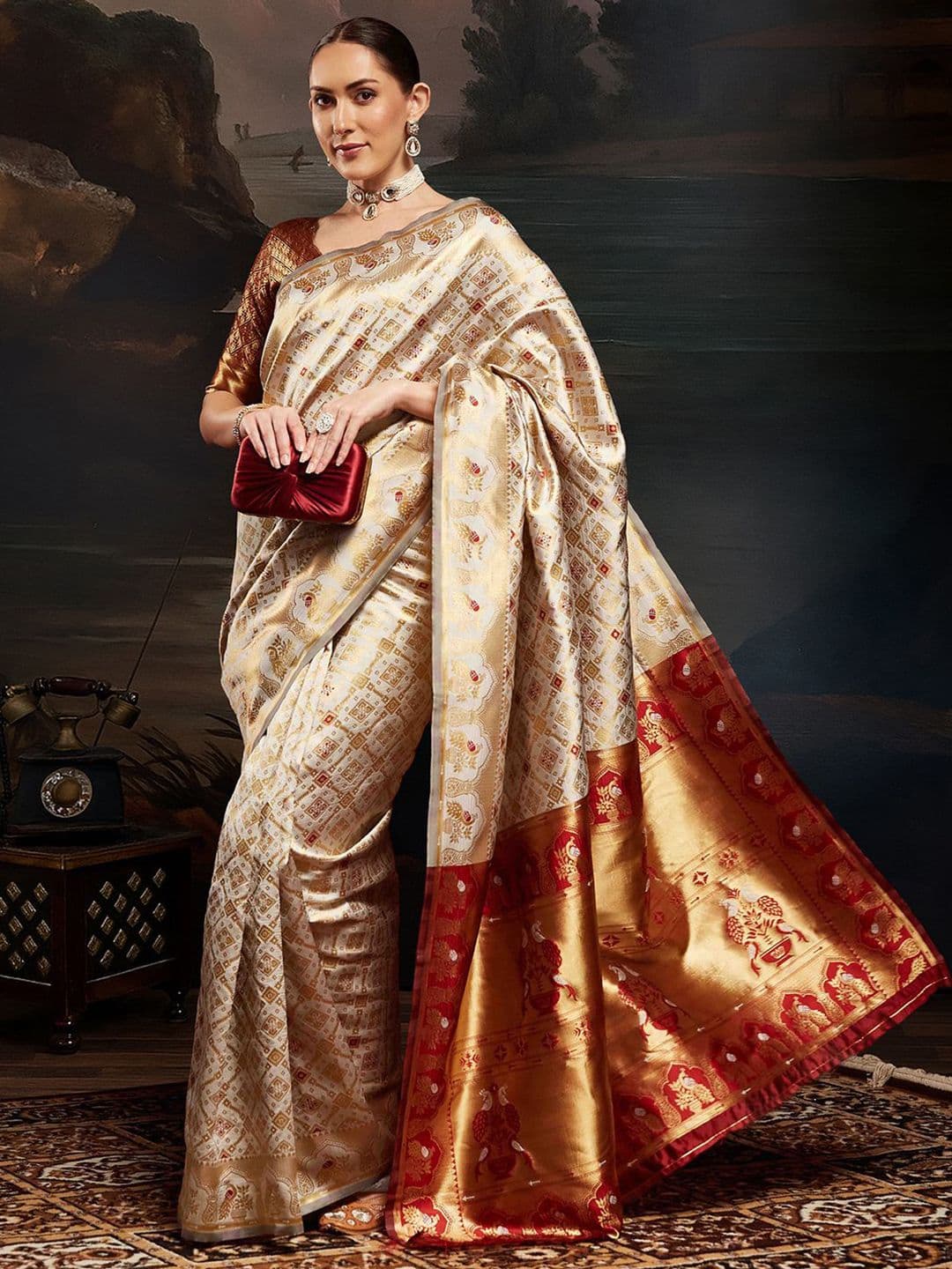 House of Pataudi Ethnic Motifs Woven Design Zari Kanjeevaram Litchi Silk Saree & Blouse - view 1