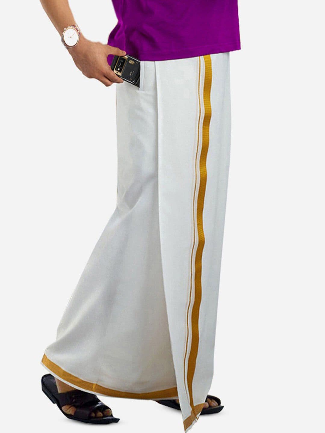 PRAKASAM COTTON Men White & Gold-Coloured Solid Pure Cotton Dhoti - view 1