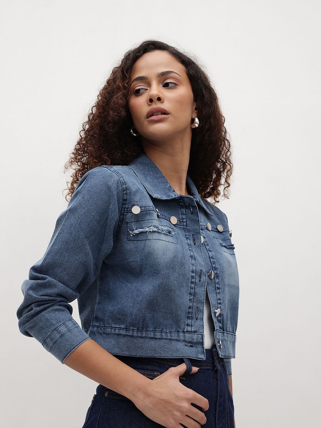 The Roadster Life Co. Crop Denim Jacket With Raw Edge Detail - view 1