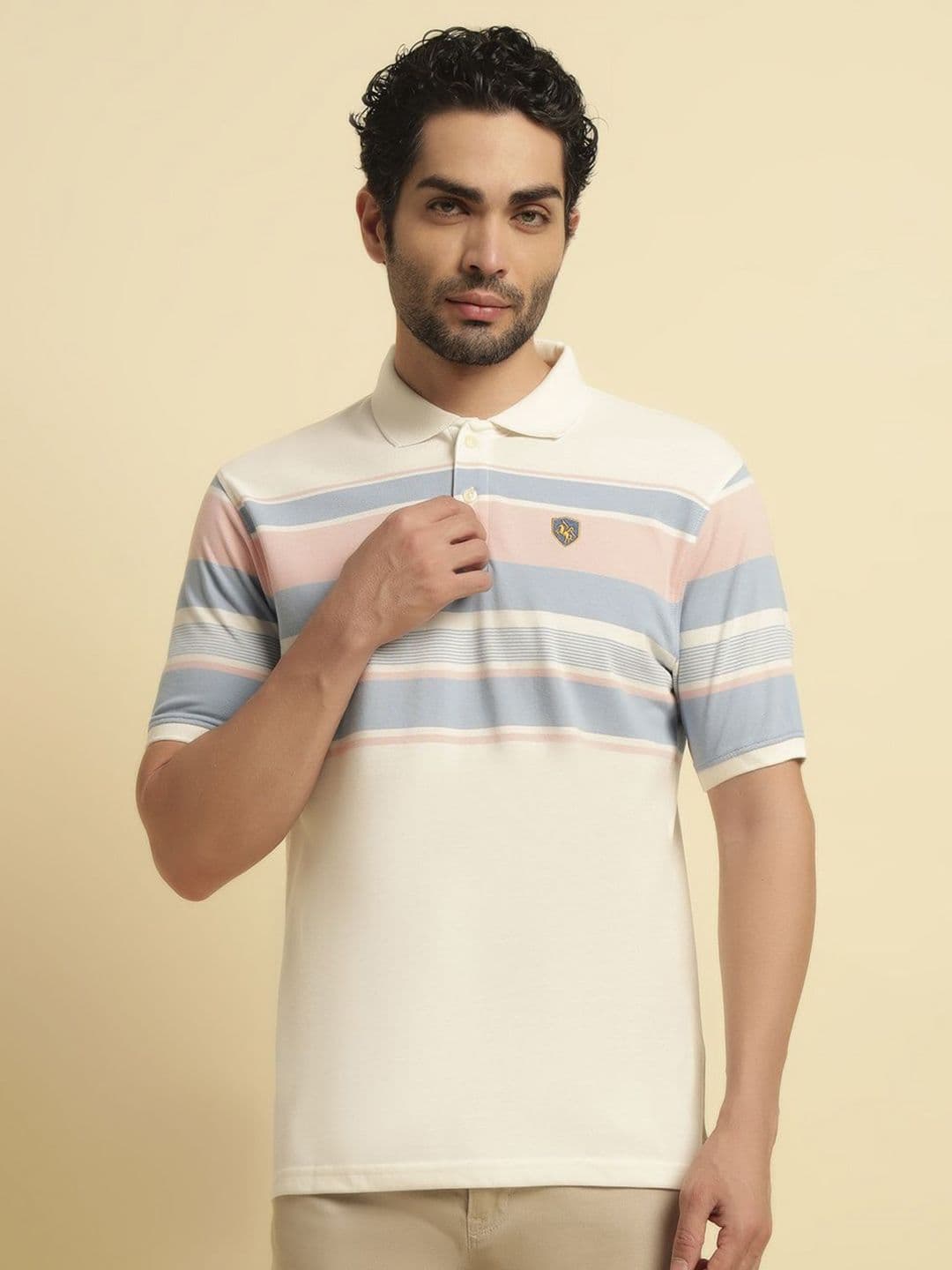 Cantabil Striped Polo Collar Cotton T-shirt - view 1