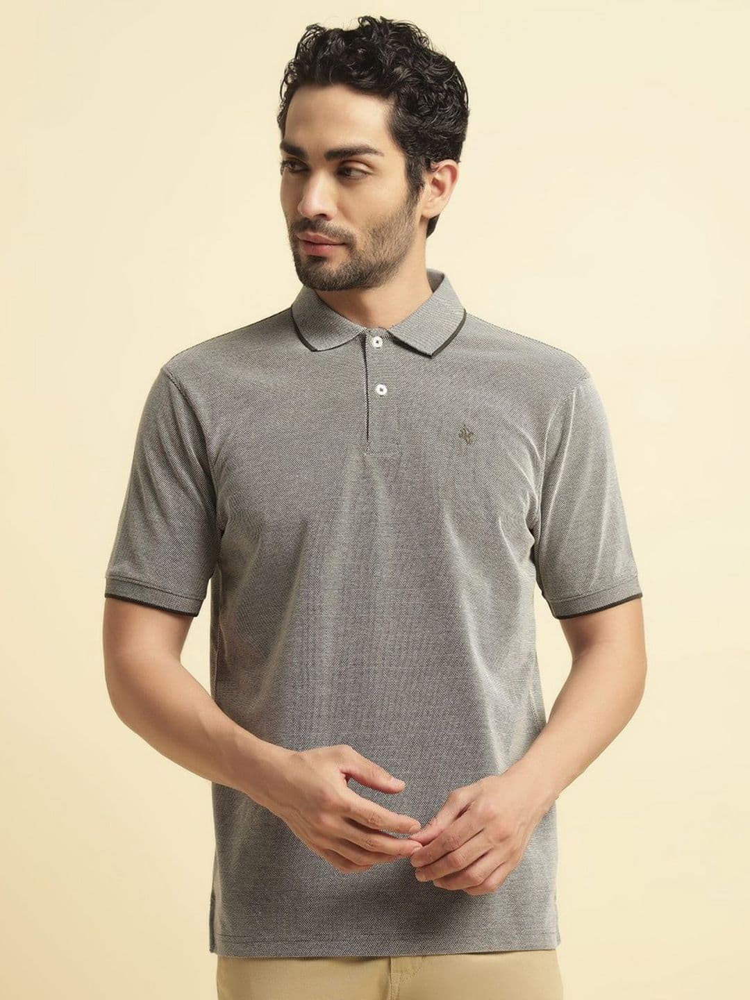 Cantabil Self Design Polo Collar Cotton T-shirt - view 1