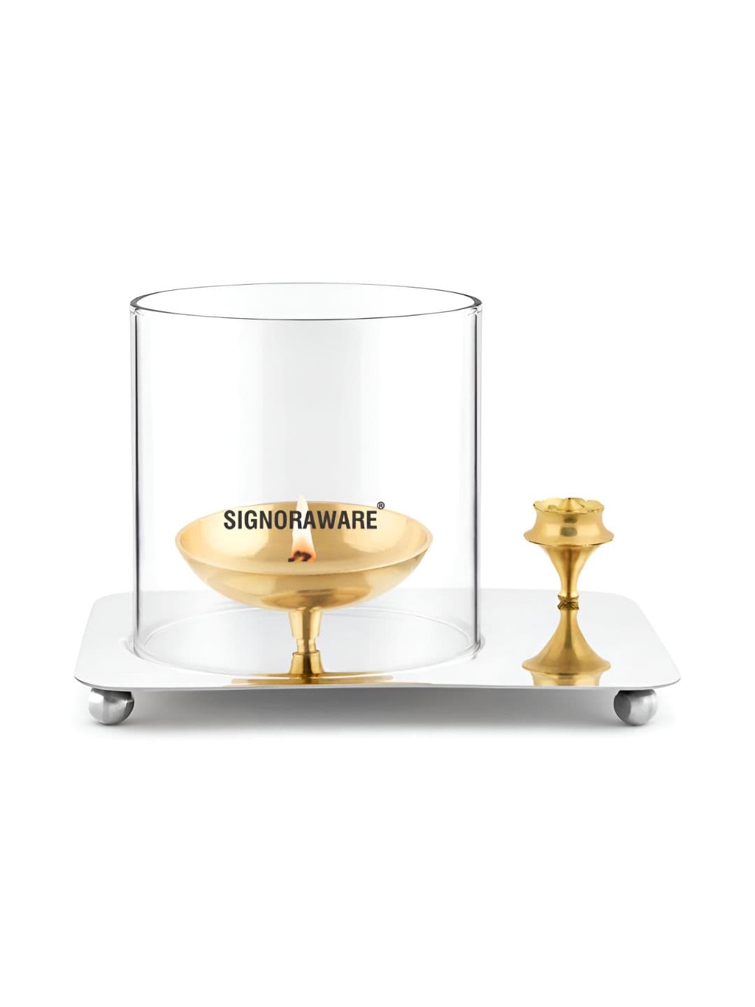 SignoraWare Gold Toned & Transparent Aarti Diya Medium With Glass Cover - view 1