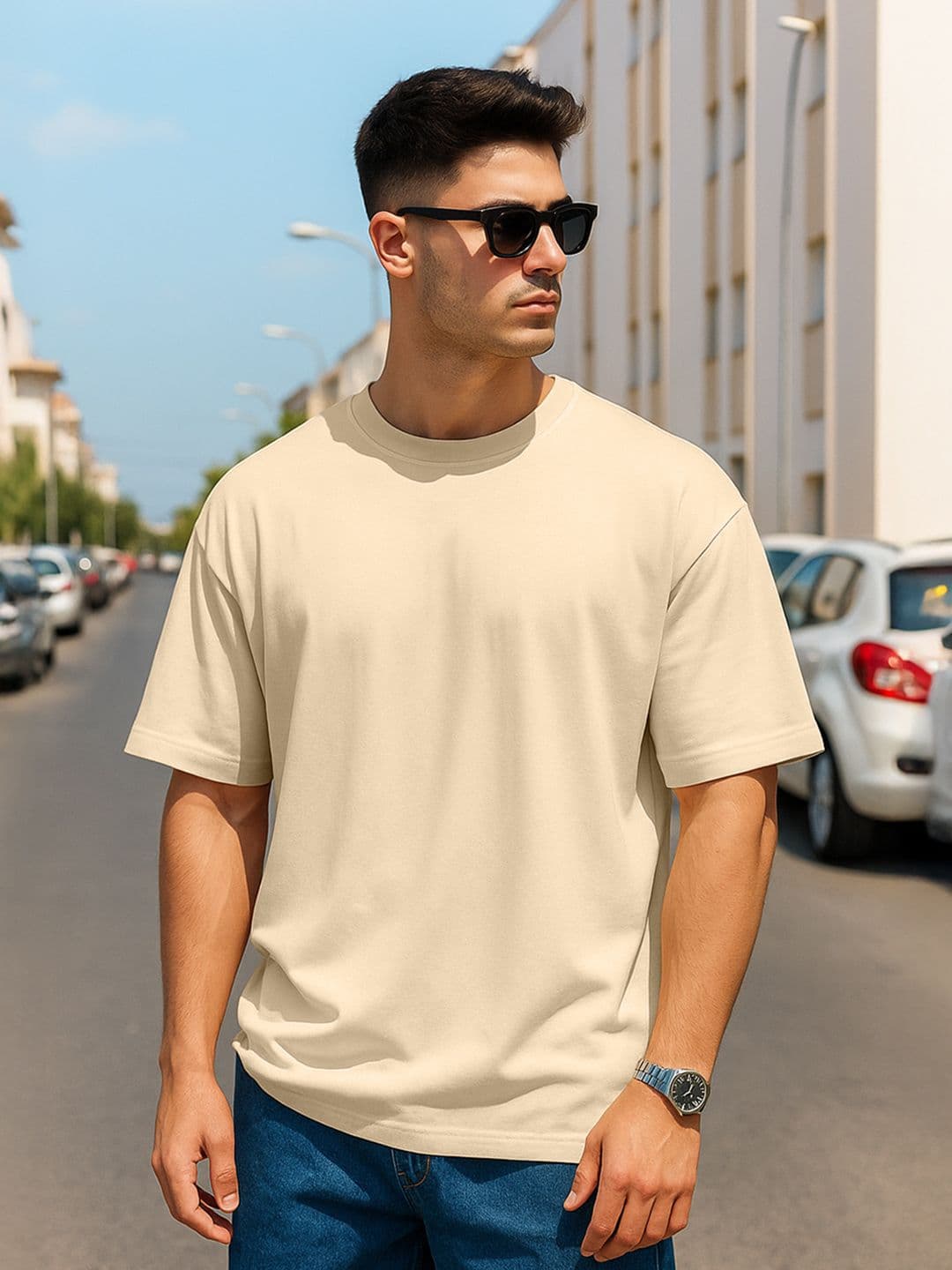 VEIRDO Beige Drop-Shoulder Sleeves Pure Cotton Oversized T-shirt - view 1