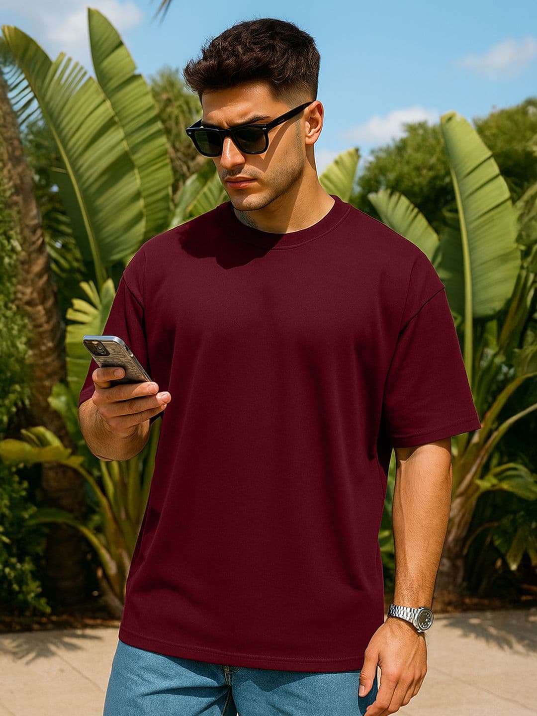 VEIRDO Maroon Drop-Shoulder Sleeves Pure Cotton Oversized T-shirt - view 1