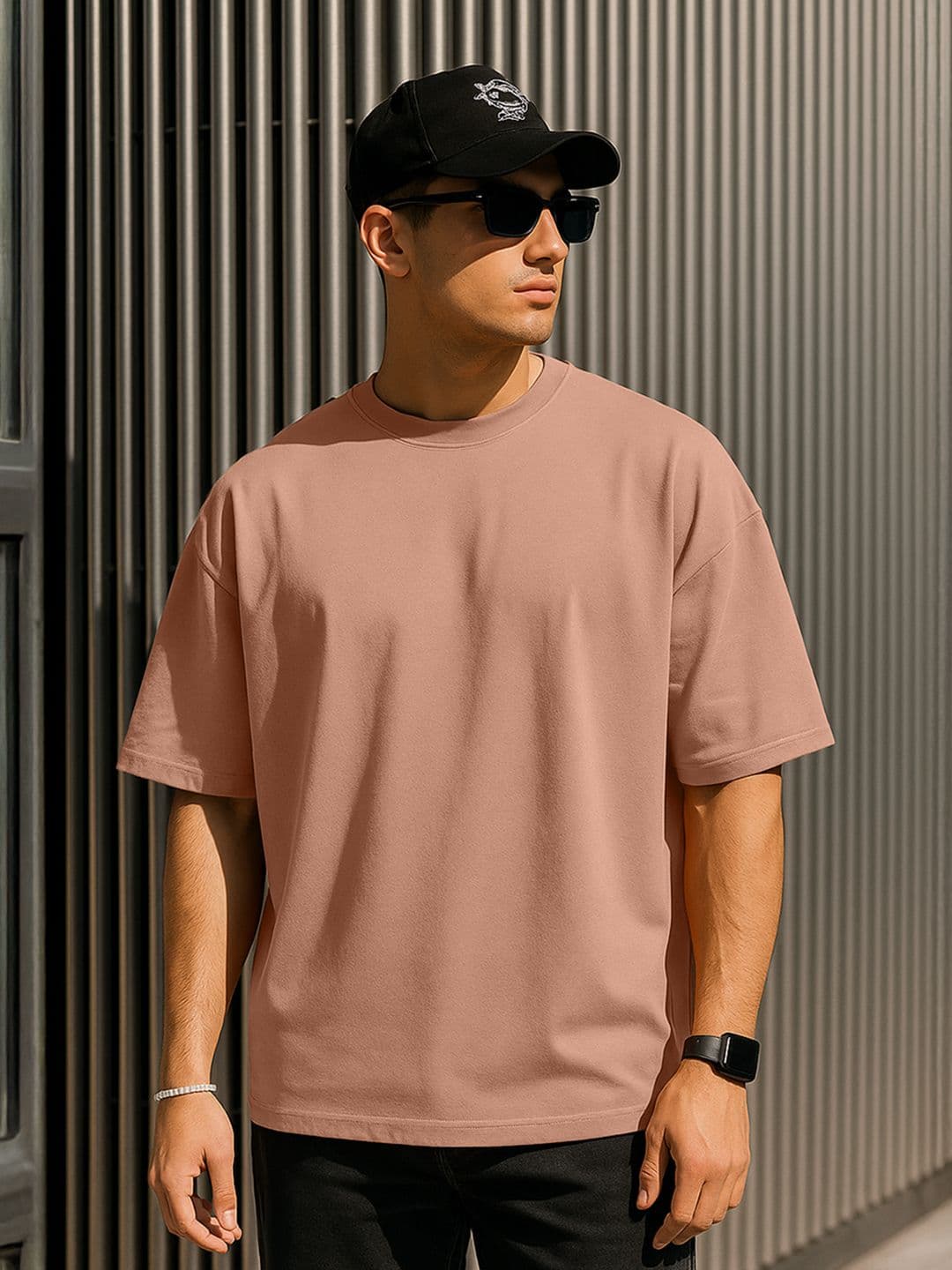 VEIRDO Brown Drop-Shoulder Sleeves Pure Cotton Oversized T-shirt - view 1
