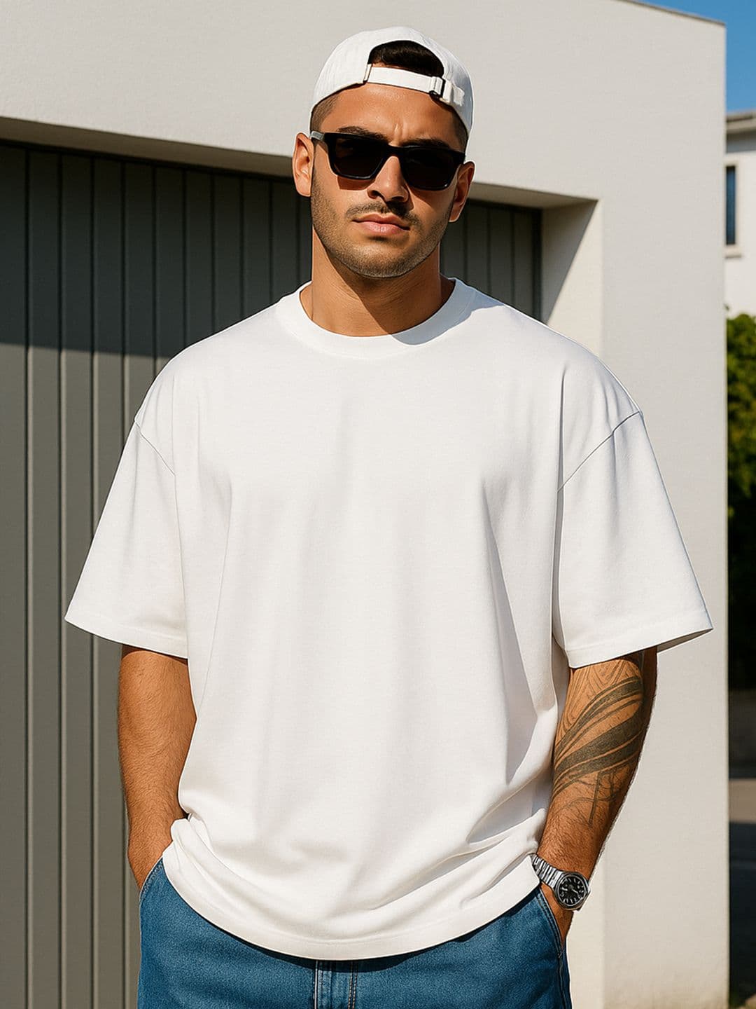 VEIRDO White Drop-Shoulder Sleeves Pure Cotton Oversized T-shirt - view 1