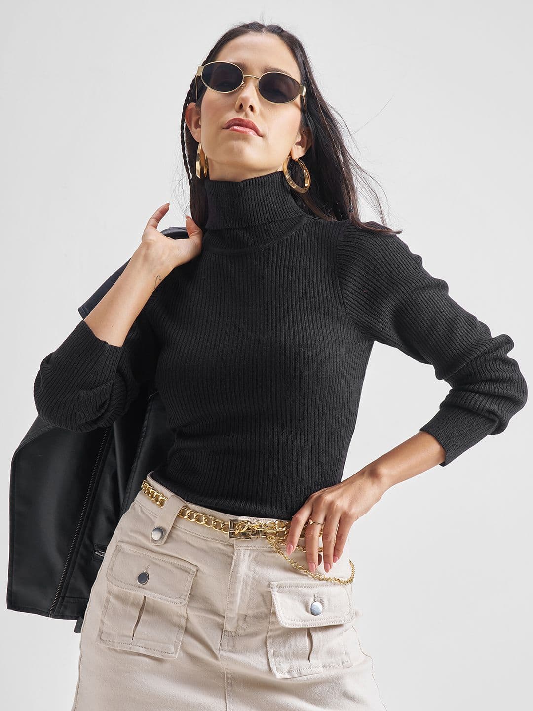 Tokyo Talkies Turtle Neck Ribbed Acrylic Pullover - view 1