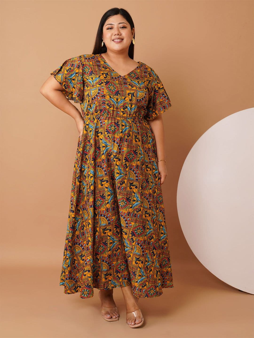 U&F Beyond Women Ethnic Motifs Printed V-Neck Fit & Flare Midi Dress - view 1
