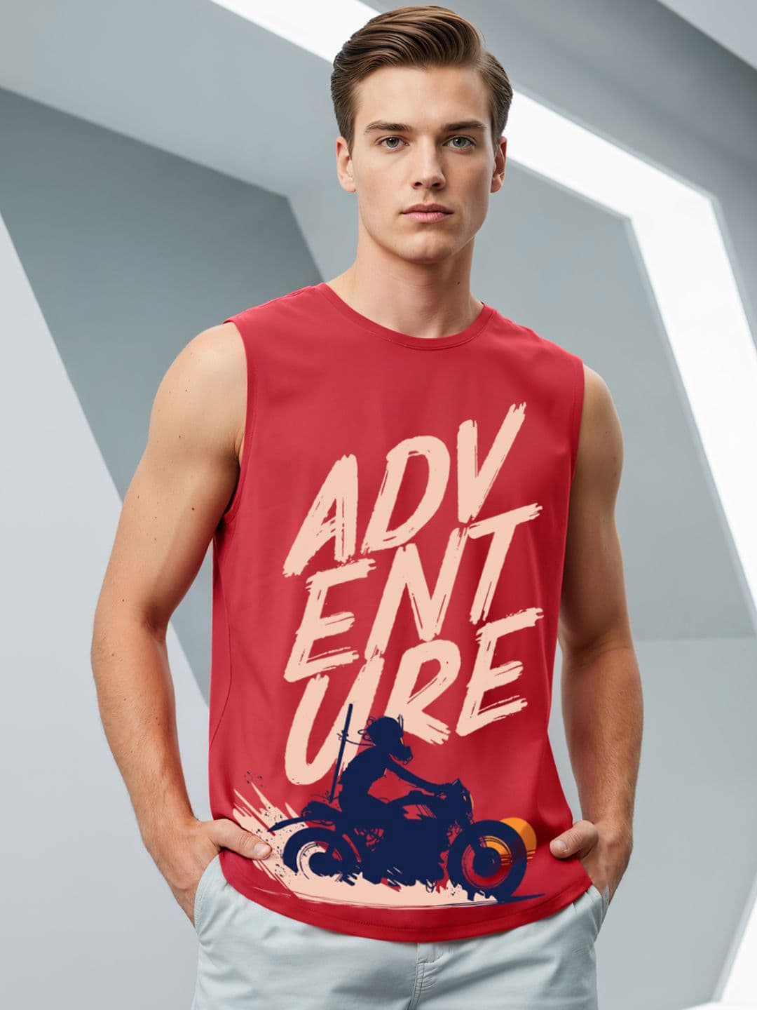 Bewakoof Men's Bold Red Moon Rider Graphic Printed Boxy Fit Vest - view 1