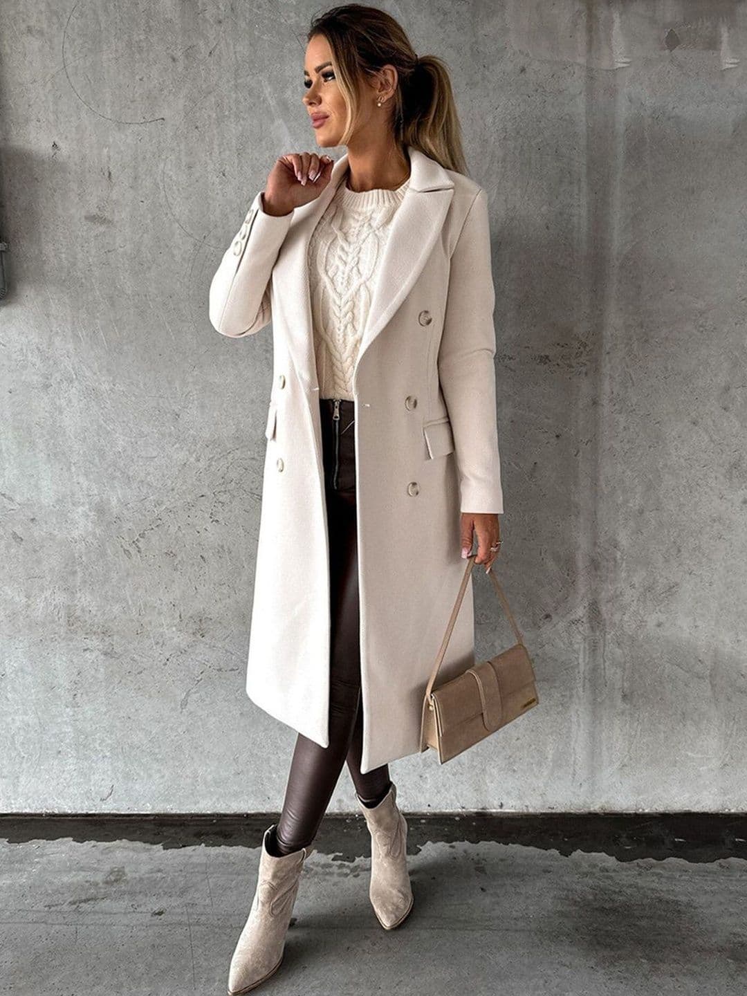 DressBerry Women White Solid Notched Lapel Collar Coat - view 1