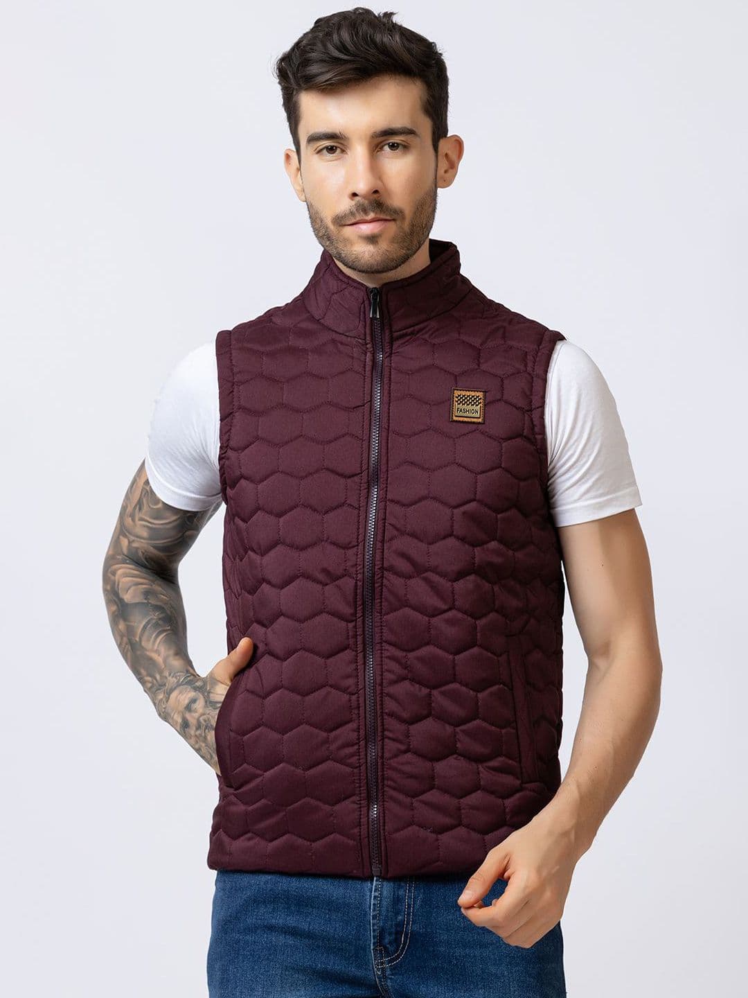 STYLOPLEX Men Stand Collar Solid Lightweight Gilet Jacket - view 1
