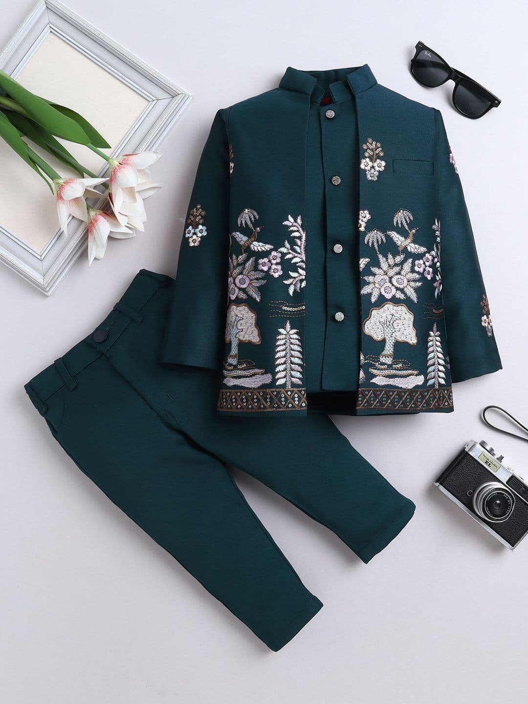 FOURFOLDS Boys Floral Embroidered Mandarin Collar Sherwani Set - view 1