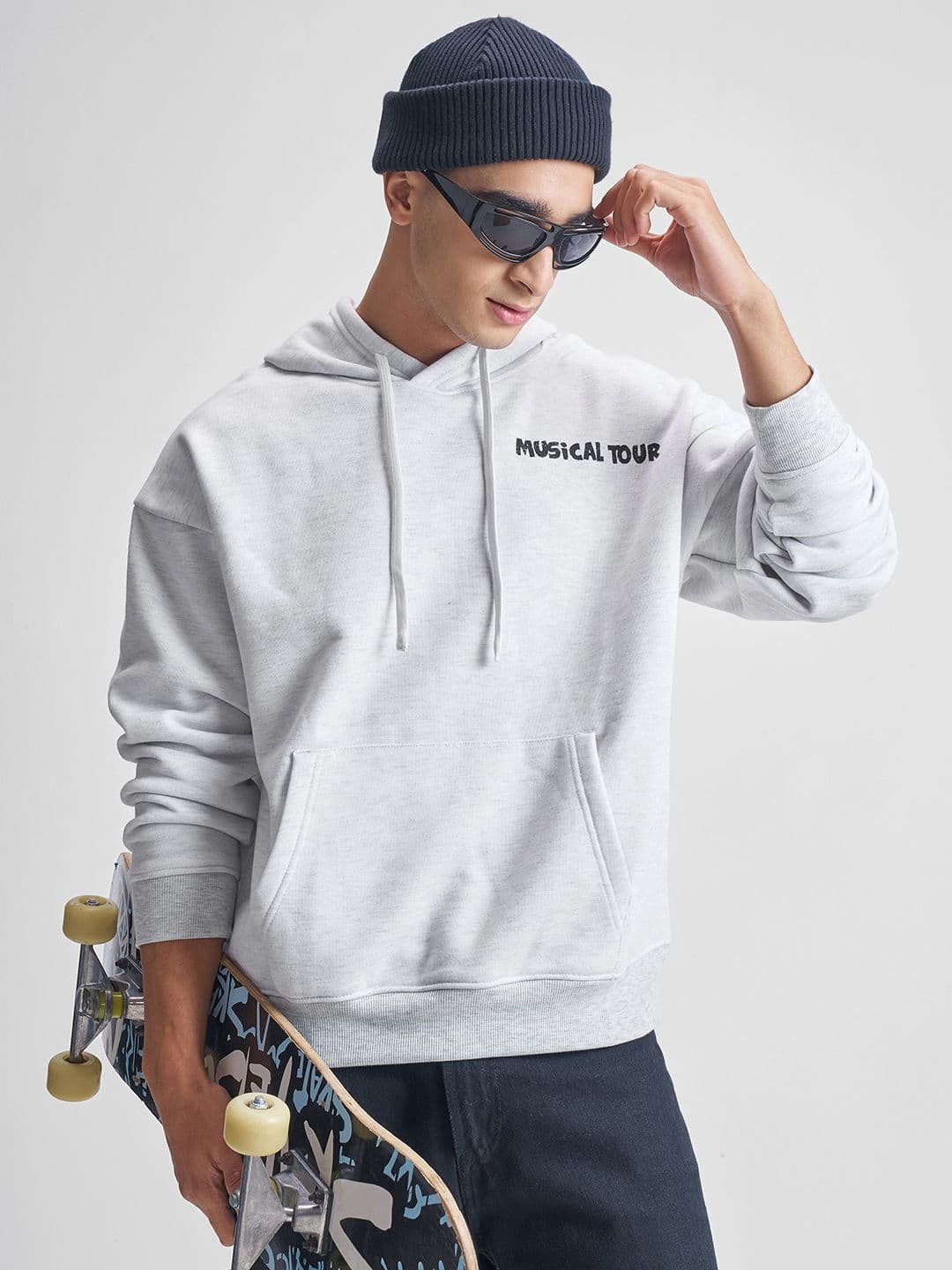 HIGHLANDER Men White Melange Over Sized Drop Shoulder Hooded Sweatshirt - view 1