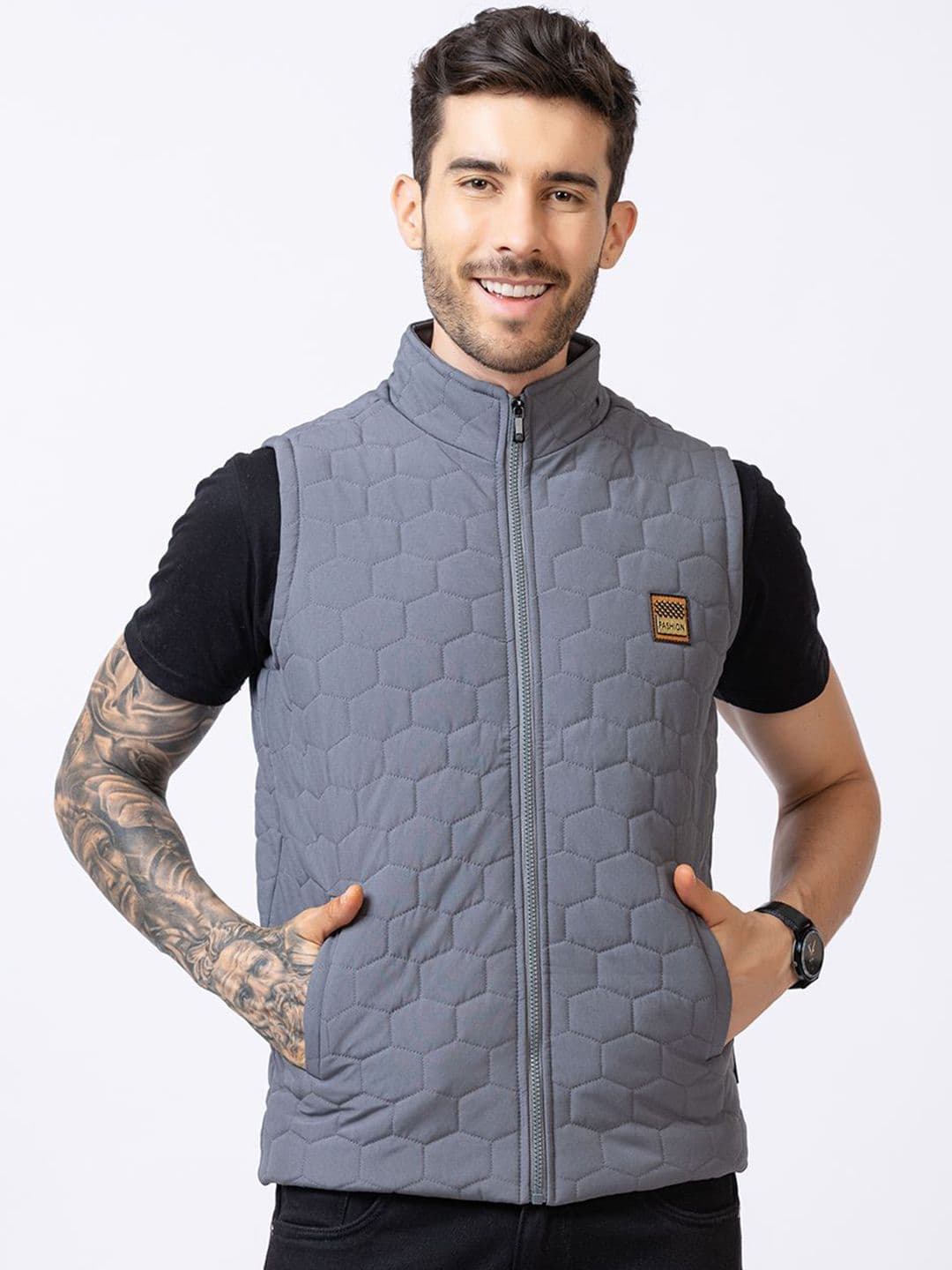 STYLOPLEX Men Stand Collar Geometric Lightweight Gilet Jacket - view 1