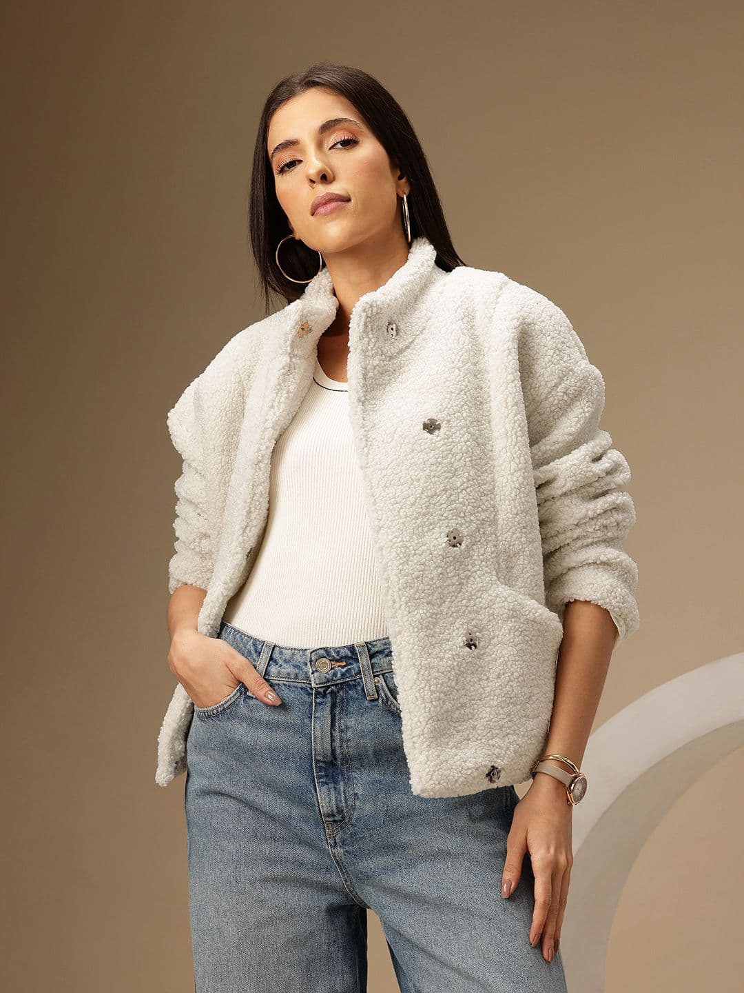 Chemistry Mock Collar Sheen Effect Sherpa Jacket - view 1