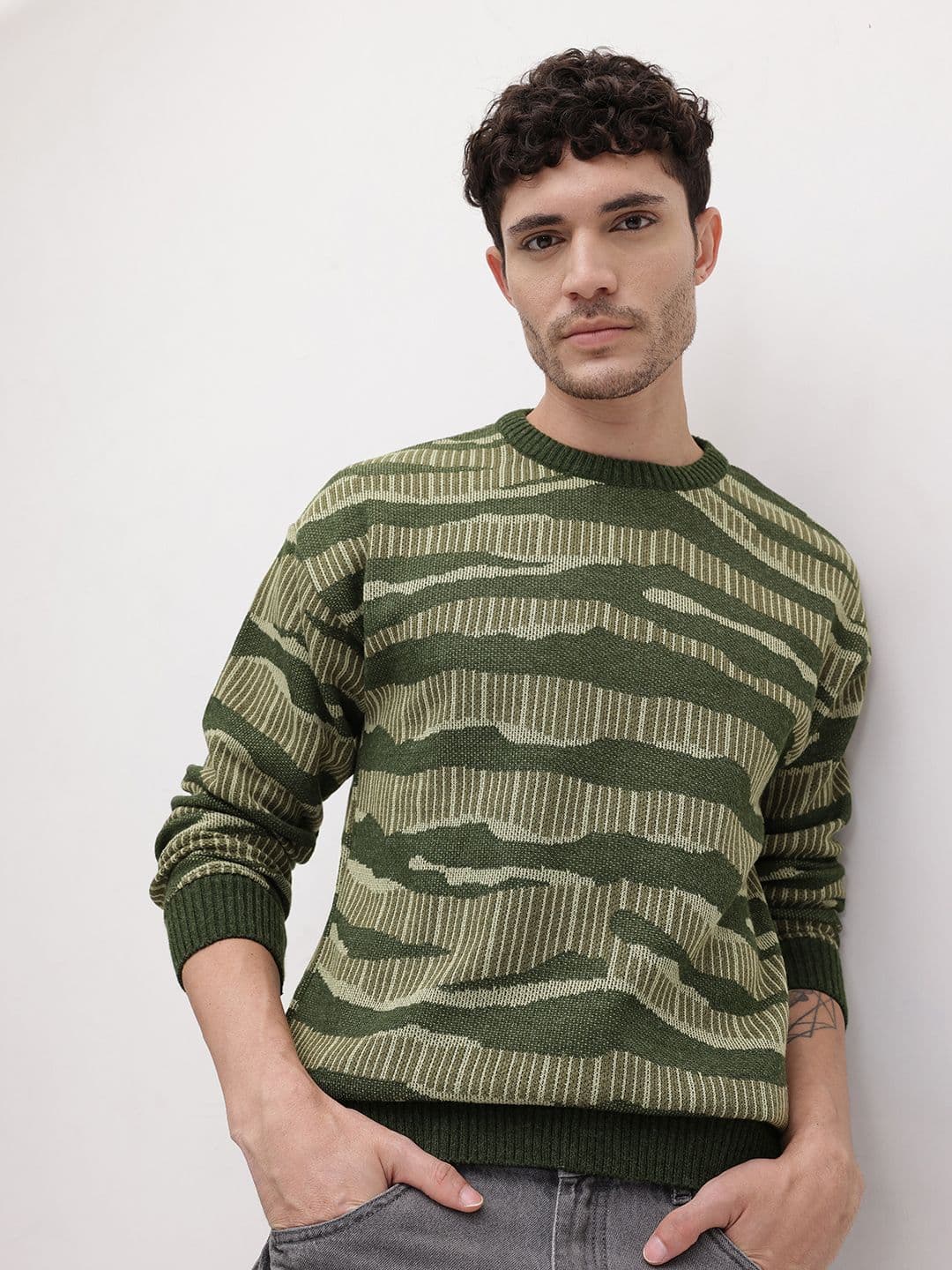 The Roadster Life Co. Camouflage Self Design Round Neck Pullover - view 1