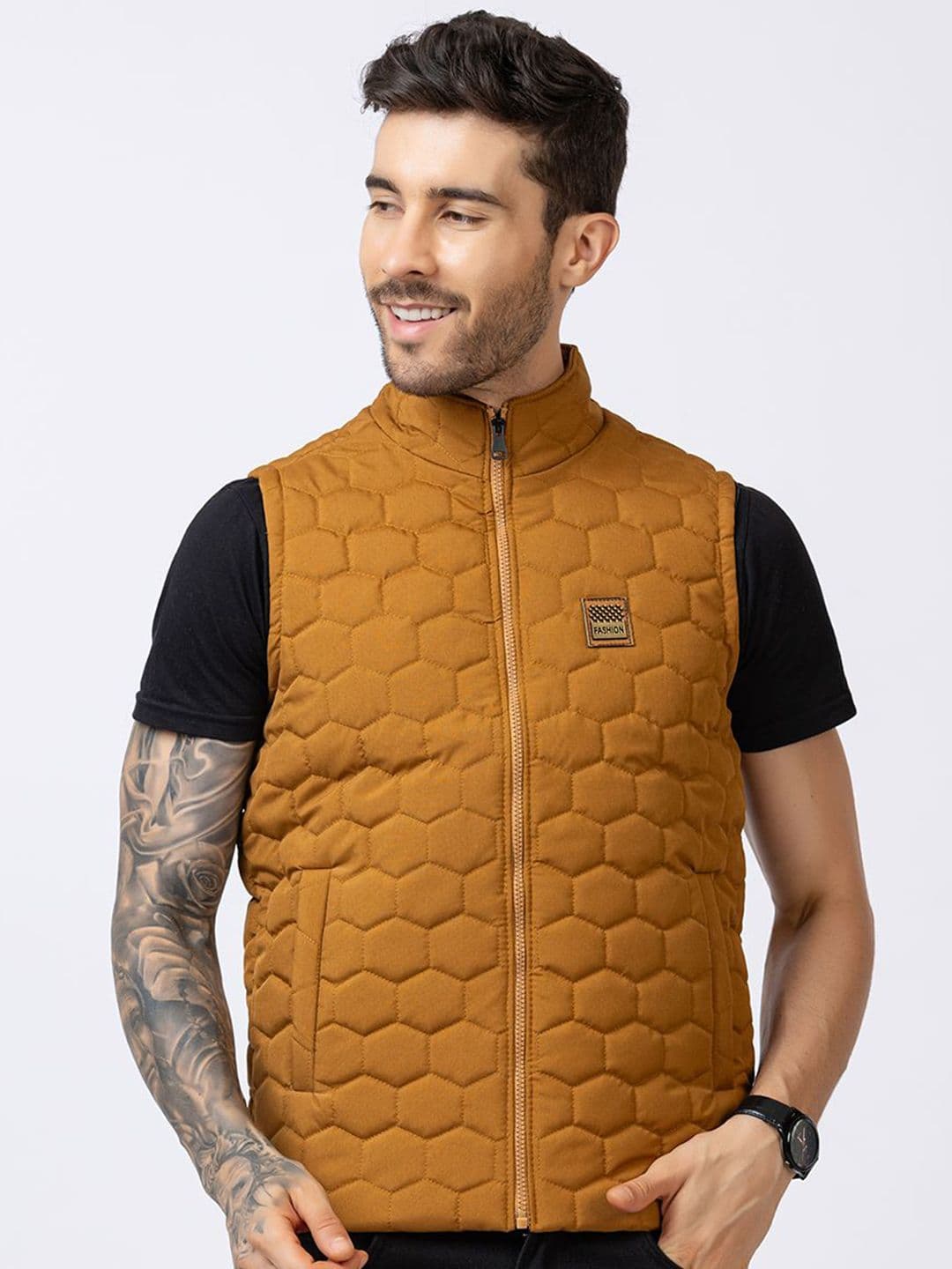 STYLOPLEX Men Mustard Geometric Casual Gilet Jacket - view 1