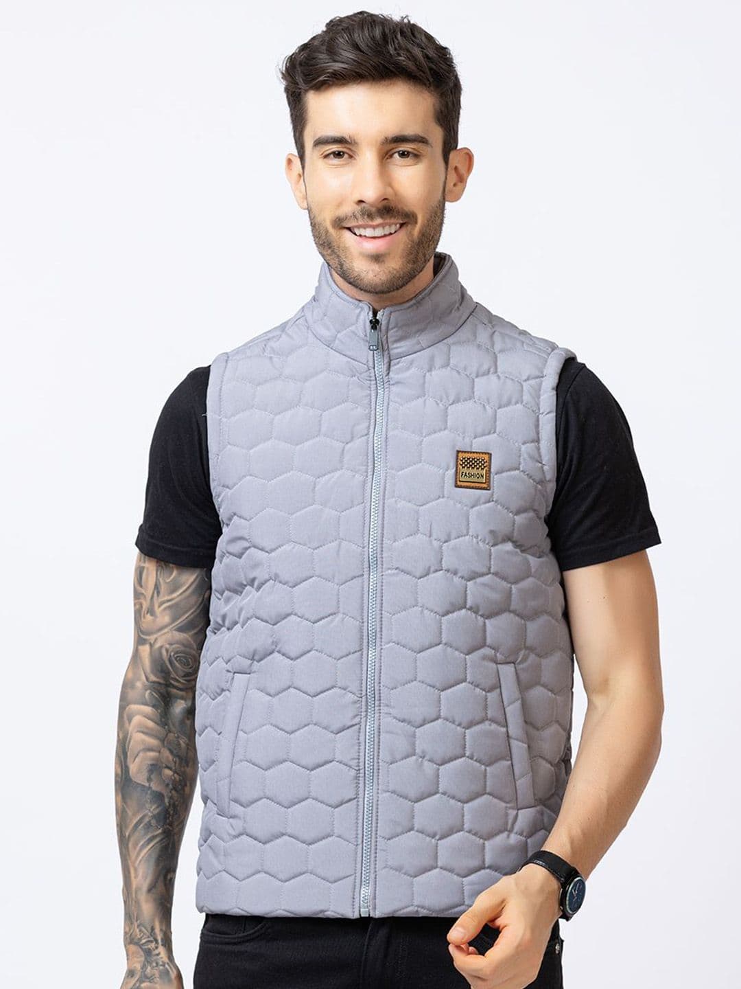 STYLOPLEX Men Stand Collar Geometric Gilet Jacket - view 1