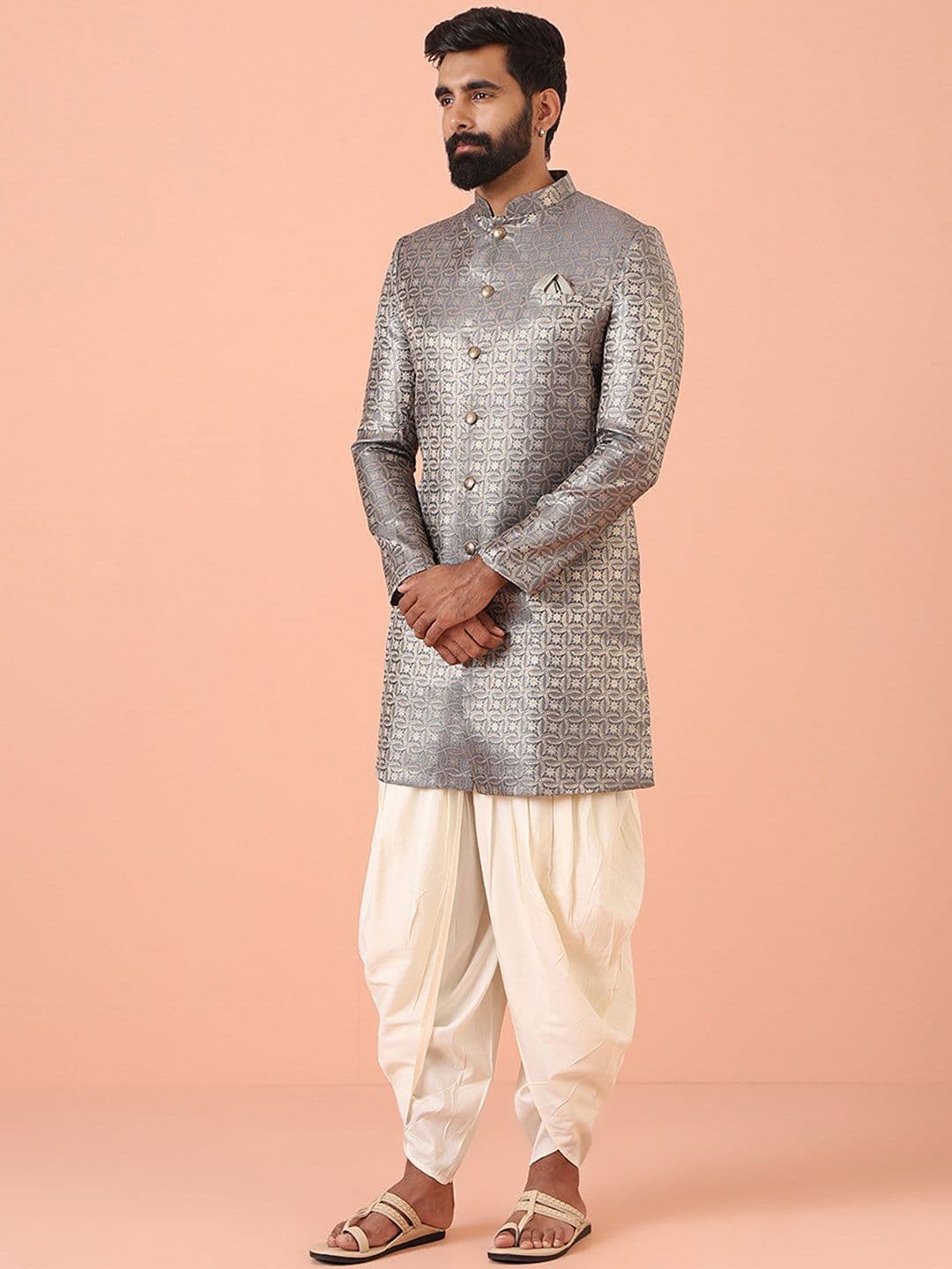 KISAH Men Mandarin Collar Regular Fit Self Design Indowestern Sherwani Dhoti Pant Set - view 1