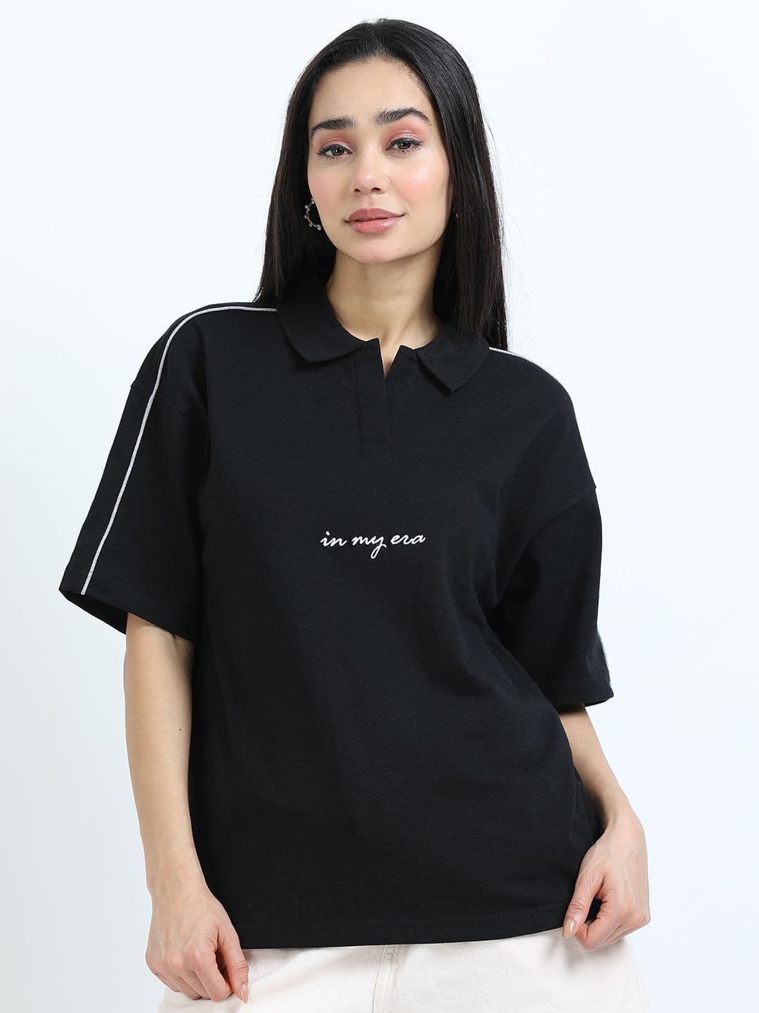 glitchez Women Typography Printed Polo Collar Oversized T-shirt - view 1