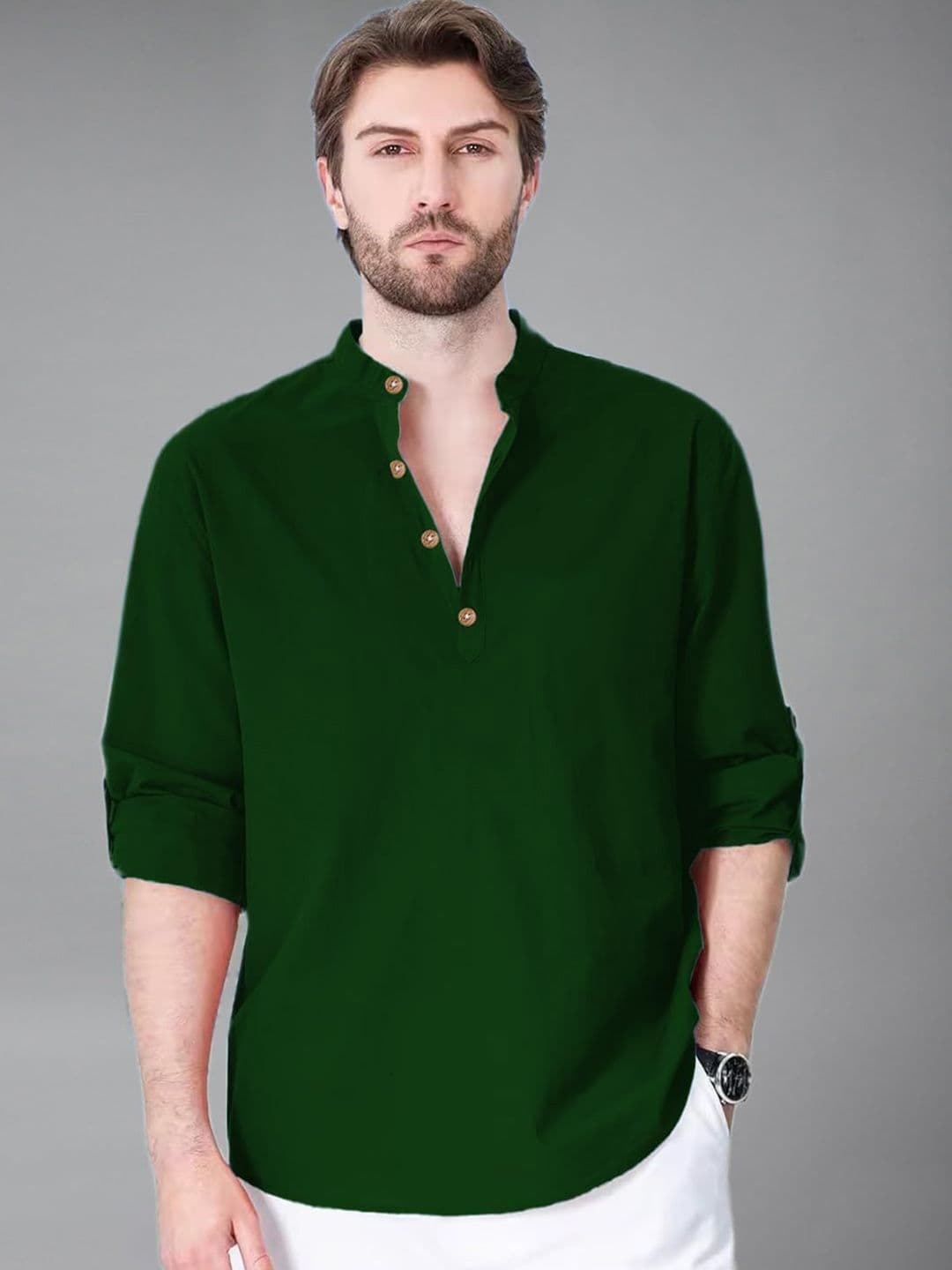 Vida Loca Men Band Collar Roll-Up Sleeves Straight Short Kurta - view 1