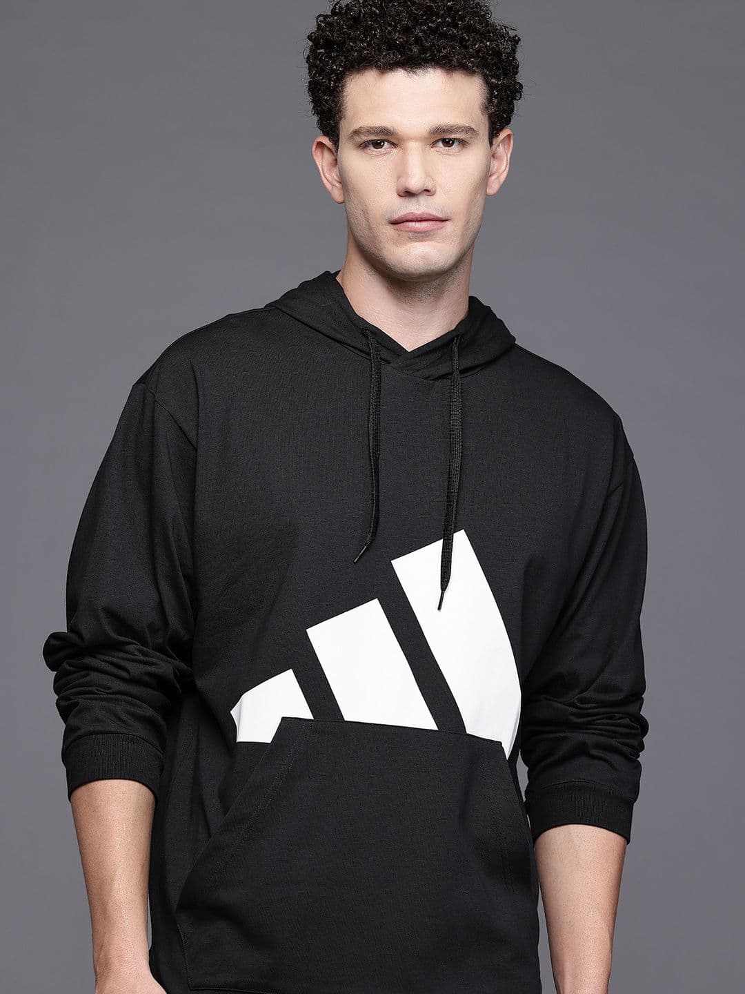 ADIDAS Brand Logo Printed Drop Shoulder Kangaroo Pockets Hooded Relaxed Fit Pullover - view 1