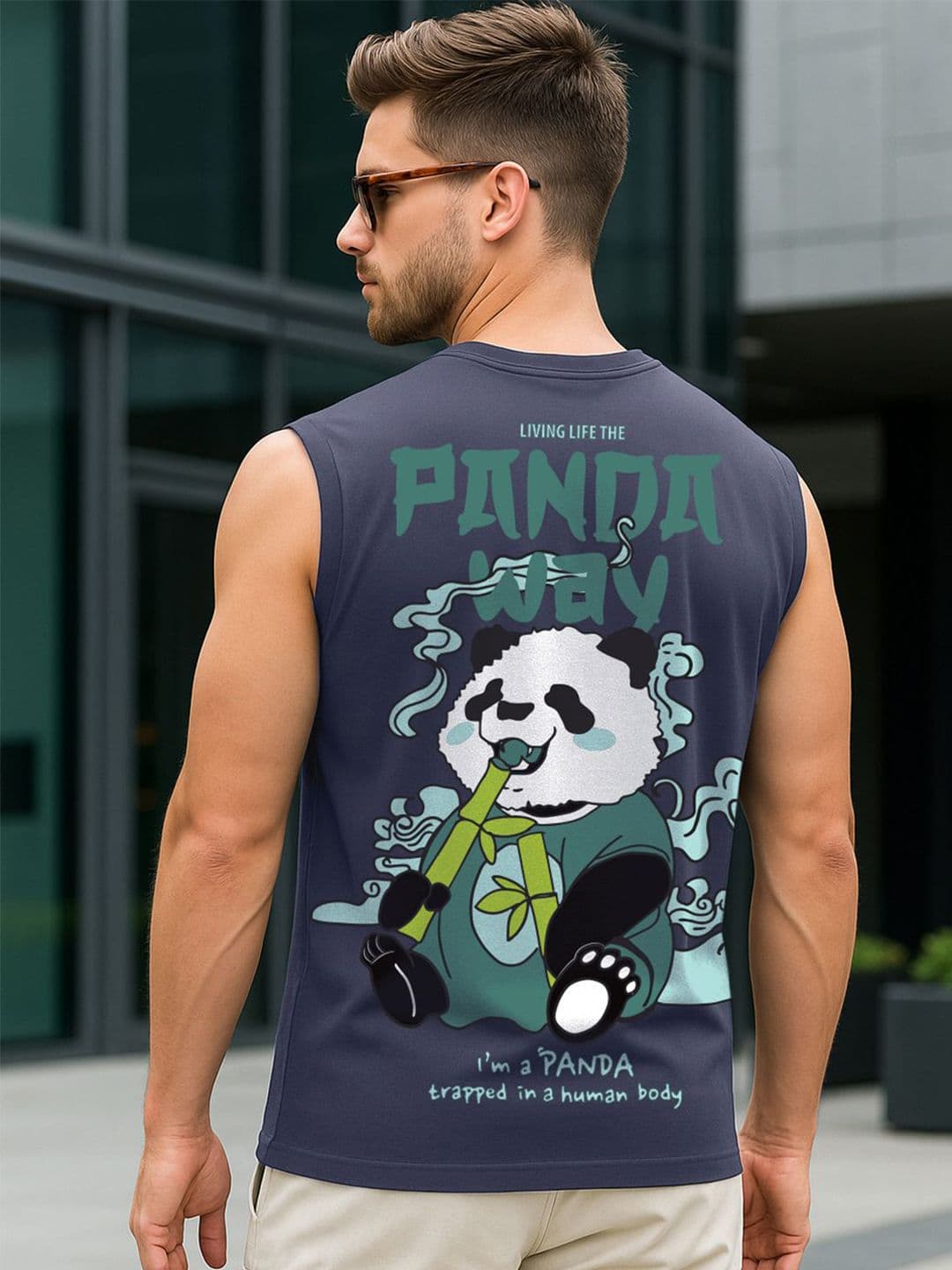 Bewakoof Men Navy Blue The Panda Way Graphic Printed Boxy Fit Vest - view 1